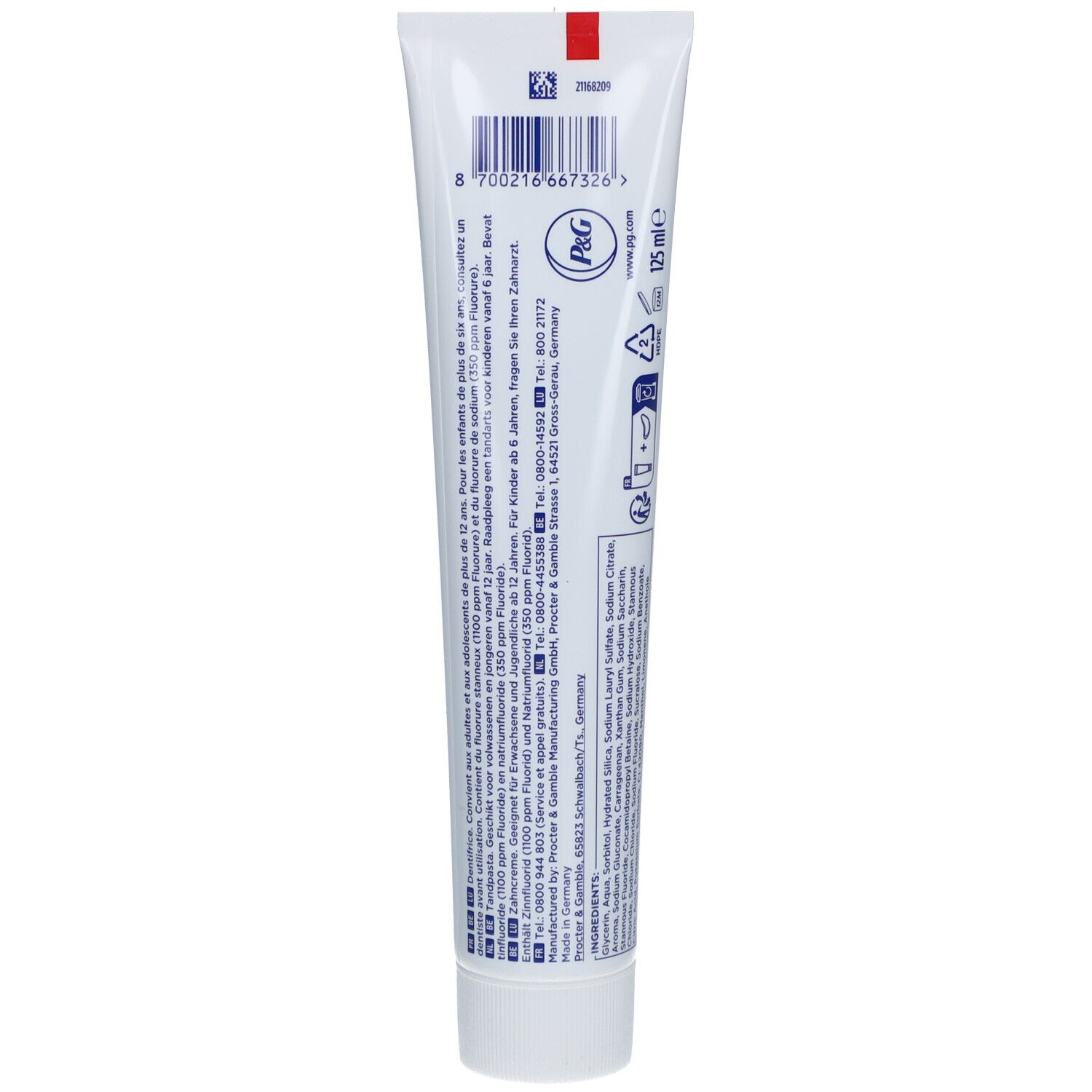 Rückseite der Zahnpasta-Tube. Weiß mit Text und Barcode. P&G Logo und 125 ml.