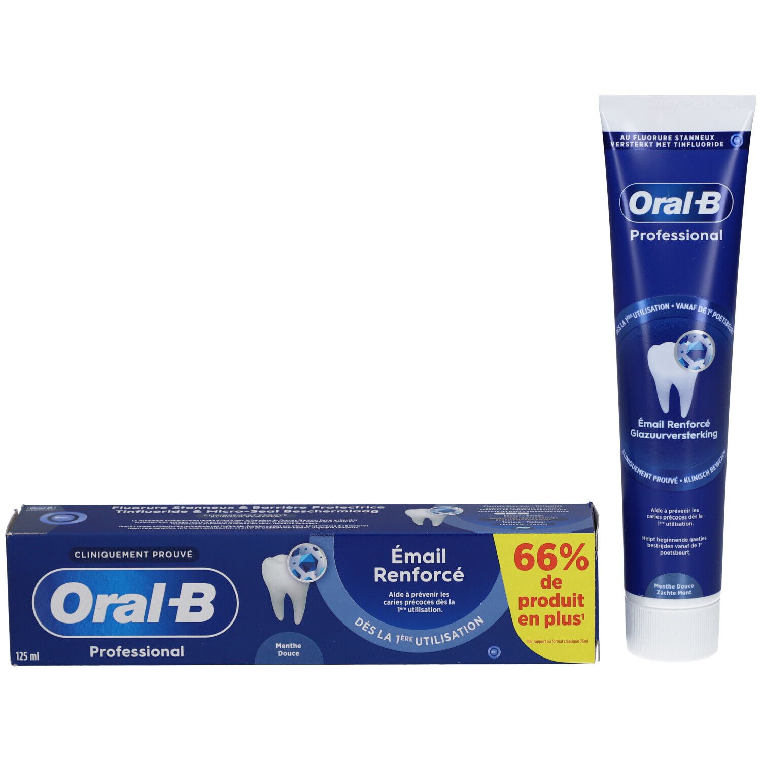 Zahnpasta-Tube und Schachtel. Oral-B Professional, Email Renforcé. 125 ml. Klinisch bewiesen.