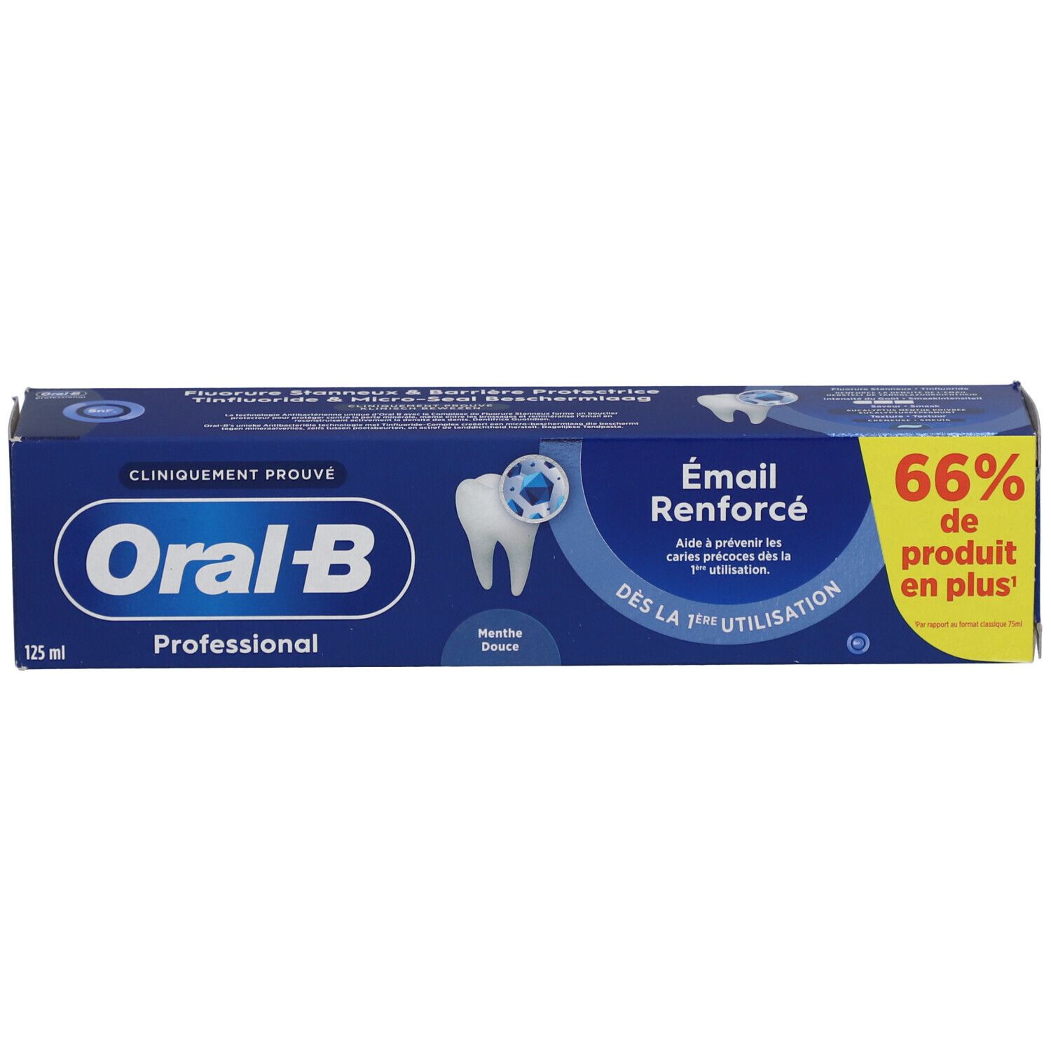 Zahnpasta-Schachtel, blau. Oral-B Professional, Email Renforcé. 125 ml. 66% mehr Inhalt.