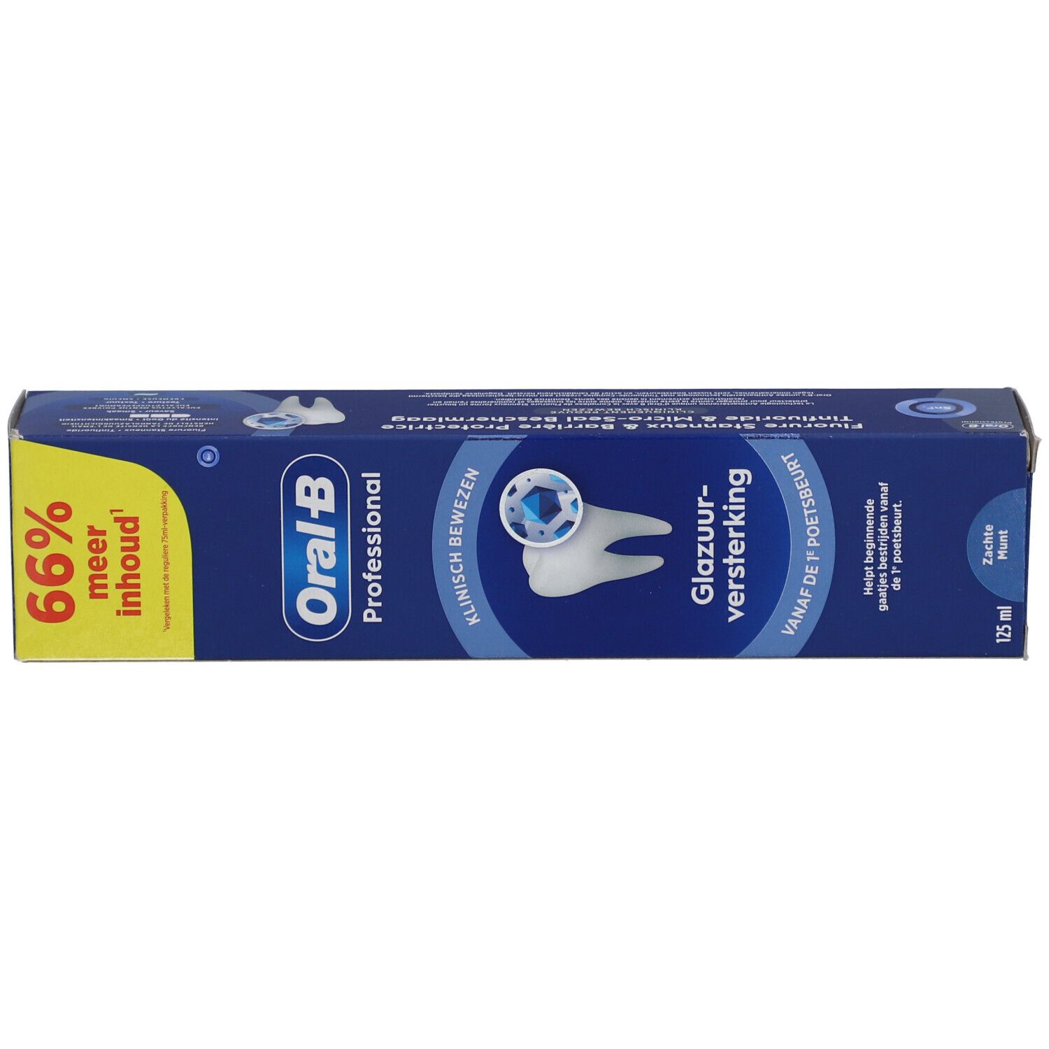 Zahnpasta-Schachtel, blau. Oral-B Professional, Glazuurversterking. 125 ml. 66% mehr Inhalt.