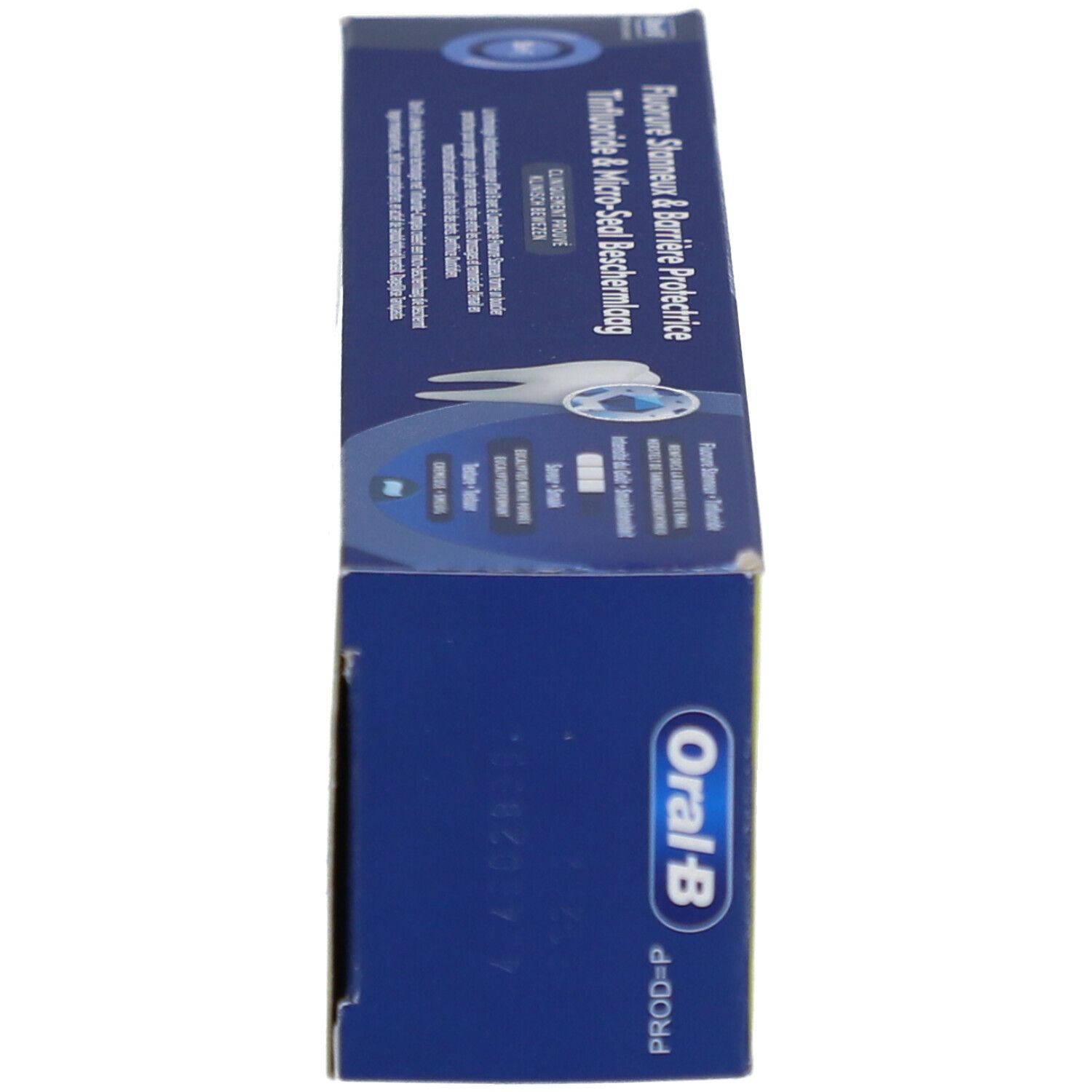 Zahnpasta-Schachtel, blau. Oral-B Professional. Seitenansicht mit Text und Logo.