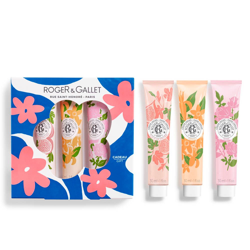 Coffret cadeau avec trois crèmes pour les mains et tubes séparés. Emballage bleu à motifs floraux. Marque Roger & Gallet.