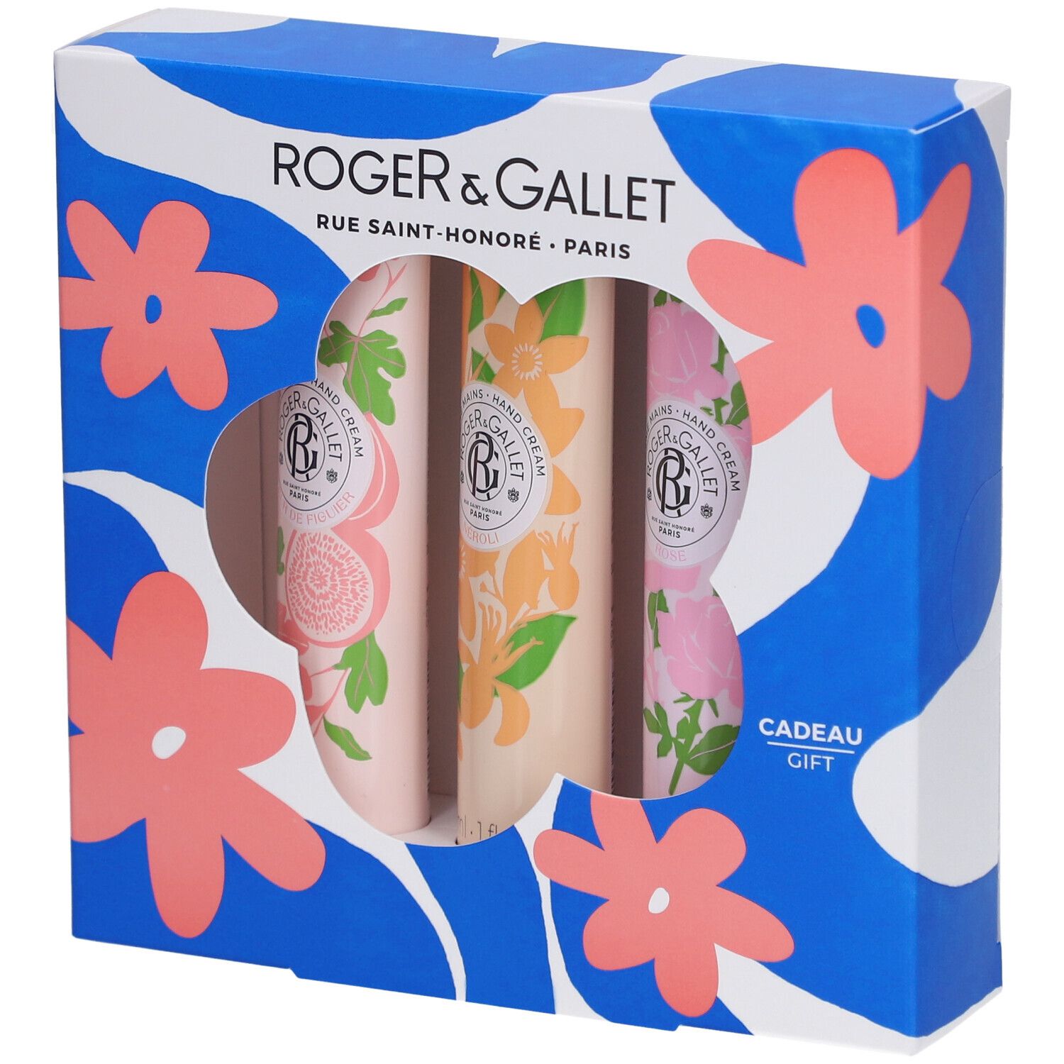 Geschenkset mit drei Handcremes. Blaue Verpackung mit Blumenmuster und Sichtfenster. Marke Roger & Gallet.