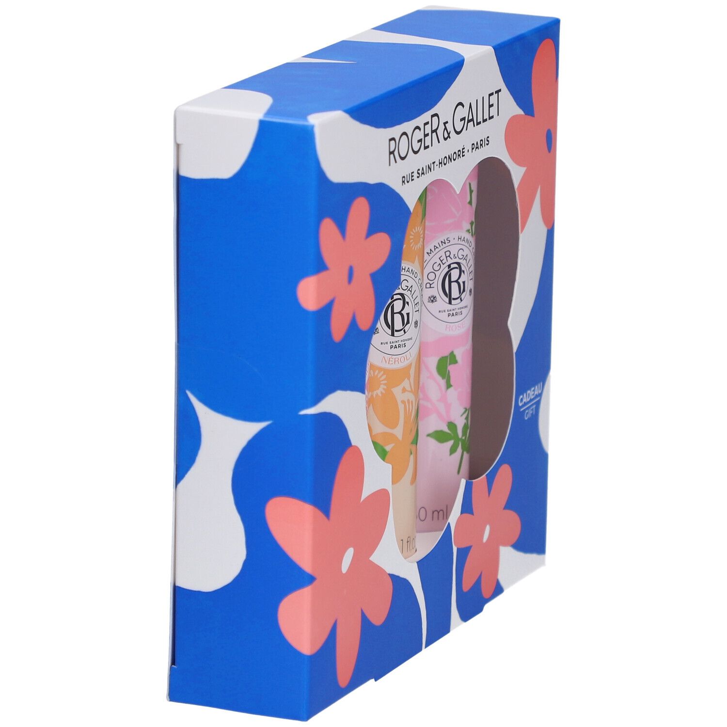 Geschenkset mit drei Handcremes. Blaue Verpackung mit Blumenmuster. Marke Roger & Gallet.