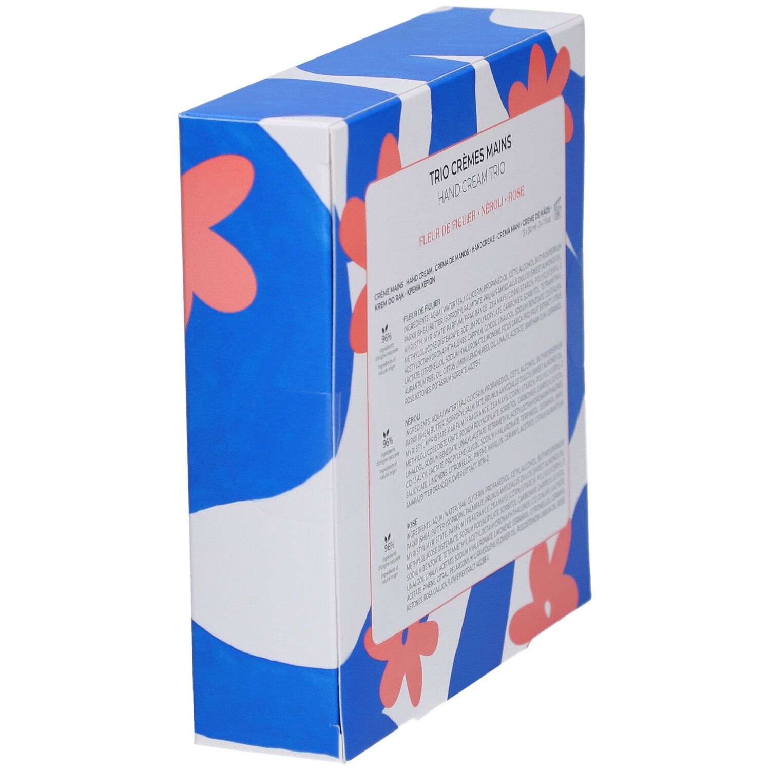Seite der Geschenkbox mit Inhaltsangaben. Blaue Verpackung mit Blumenmuster.