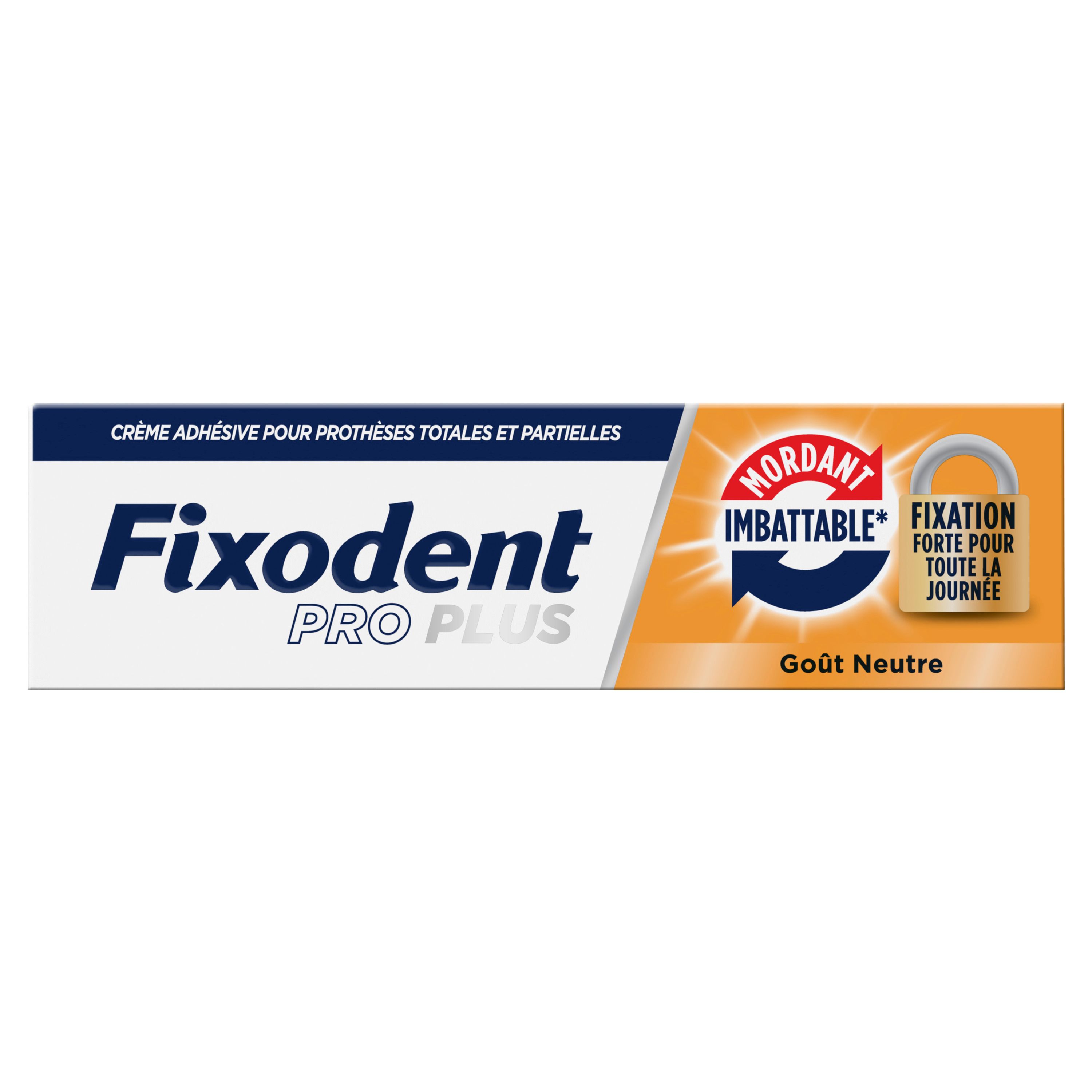 Fixodent Pro Plus. Inscription: Crème adhésive, Imbattable, Fixation forte, Goût Neutre.