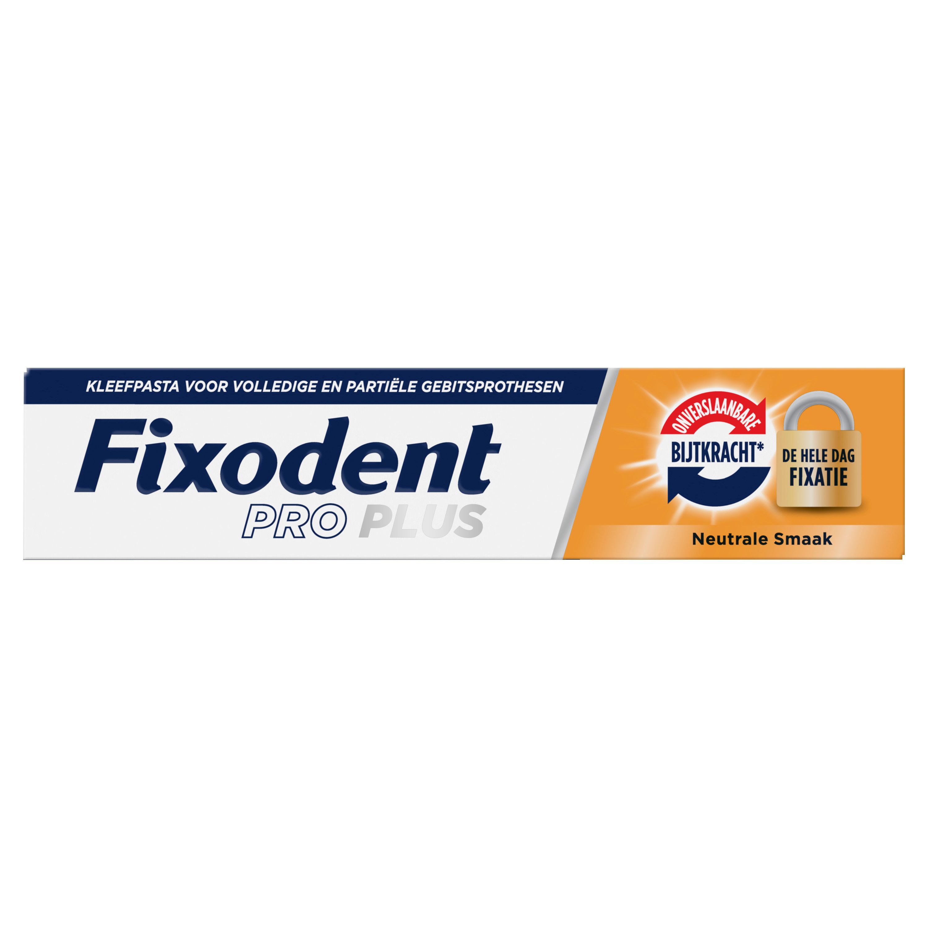 Fixodent Pro Plus. Opschrift: Kleefpasta voor volledige gebitsprothesen, Buitkracht, De hele dag fixatie.
