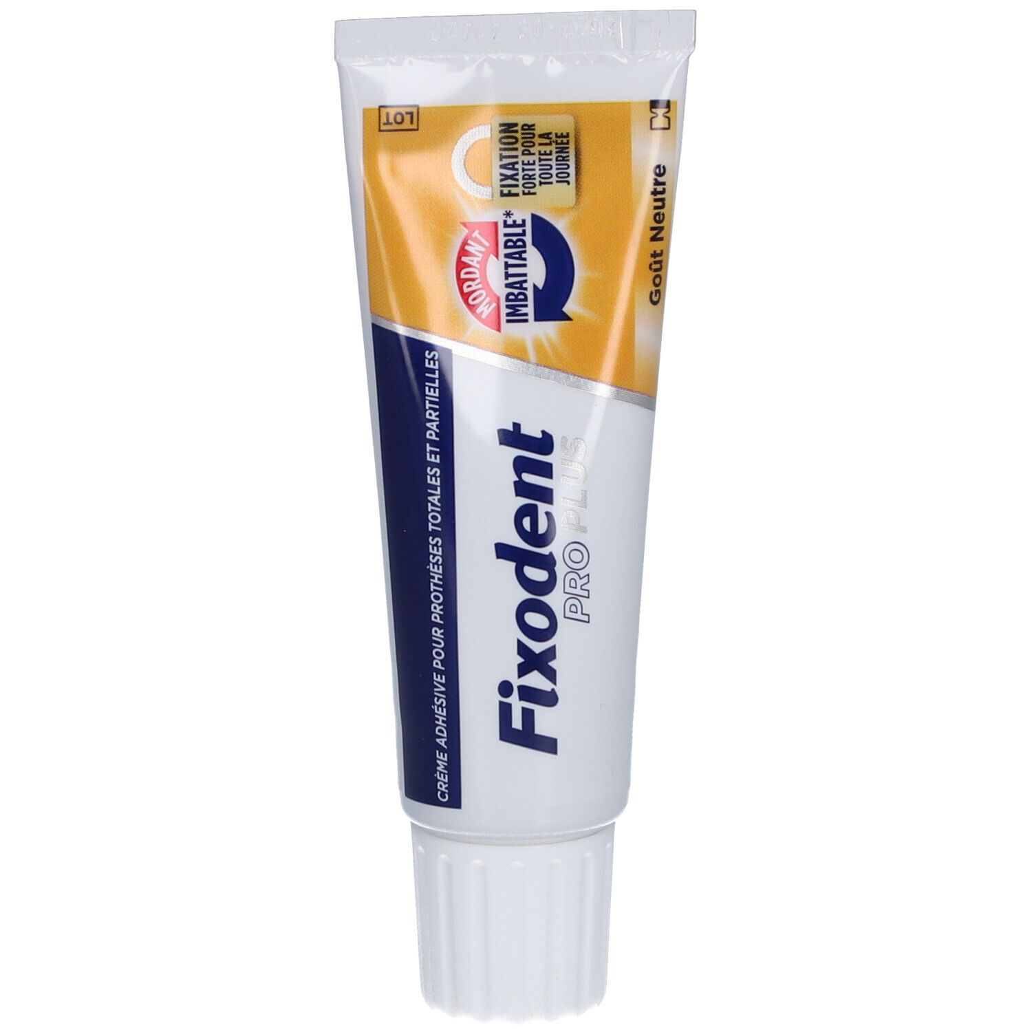 Fixodent Pro Plus. Crème adhésive pour prothèses. Tube avec bouchon à vis. Couleurs: blanc, bleu, jaune.