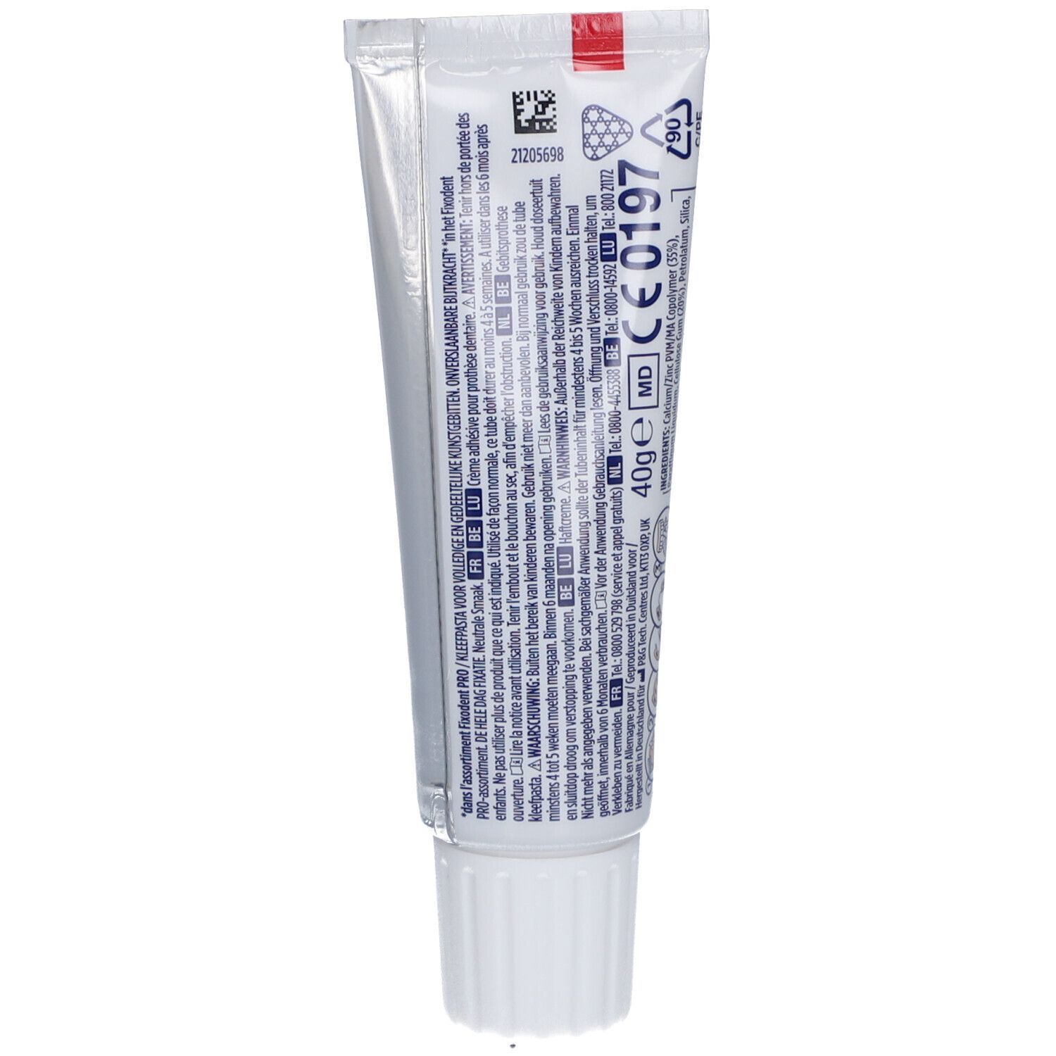 Dos du tube Fixodent Pro Plus. Contient du texte, un code-barres, marquage CE et poids de 40g.