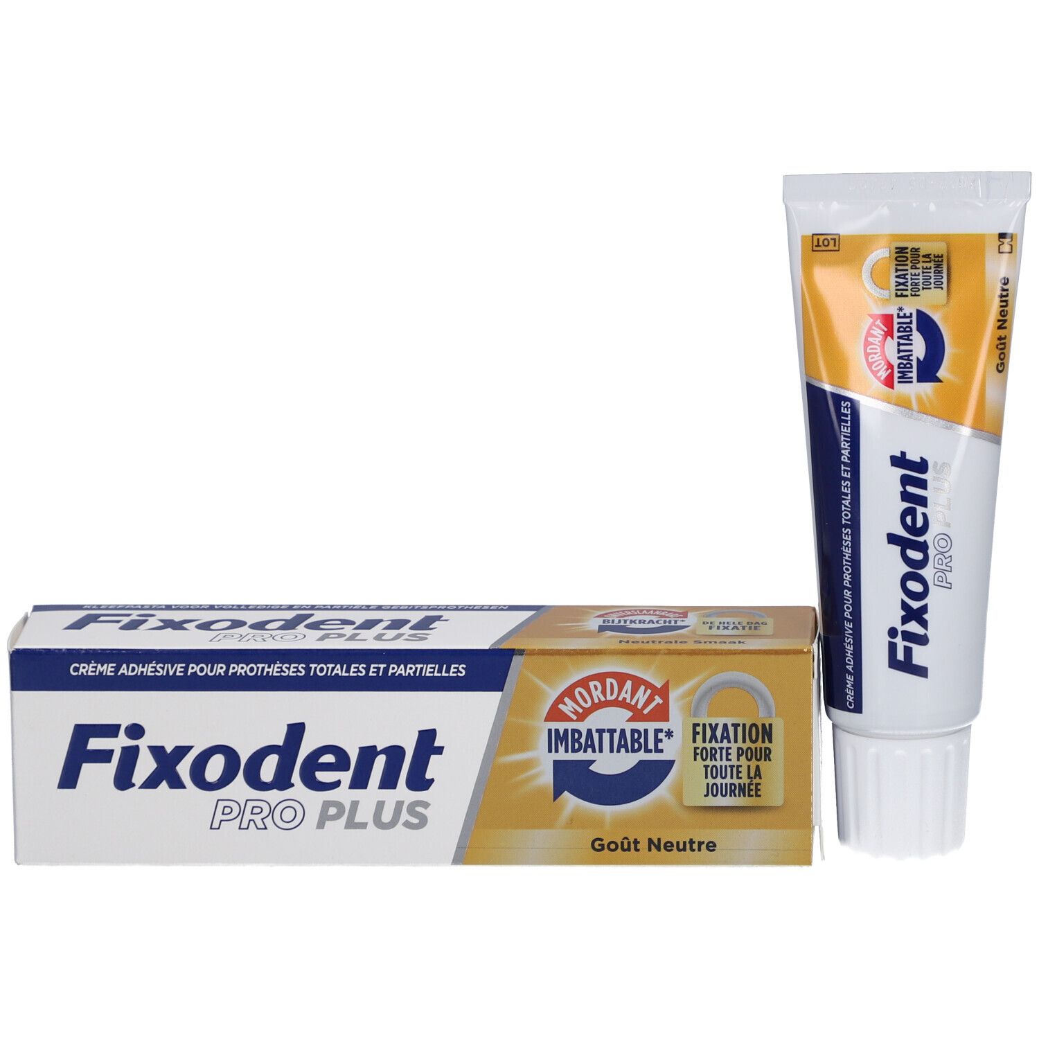Fixodent Pro Plus et emballage. Tube et boîte. Inscription: Fixodent Pro Plus, crème adhésive, goût neutre.