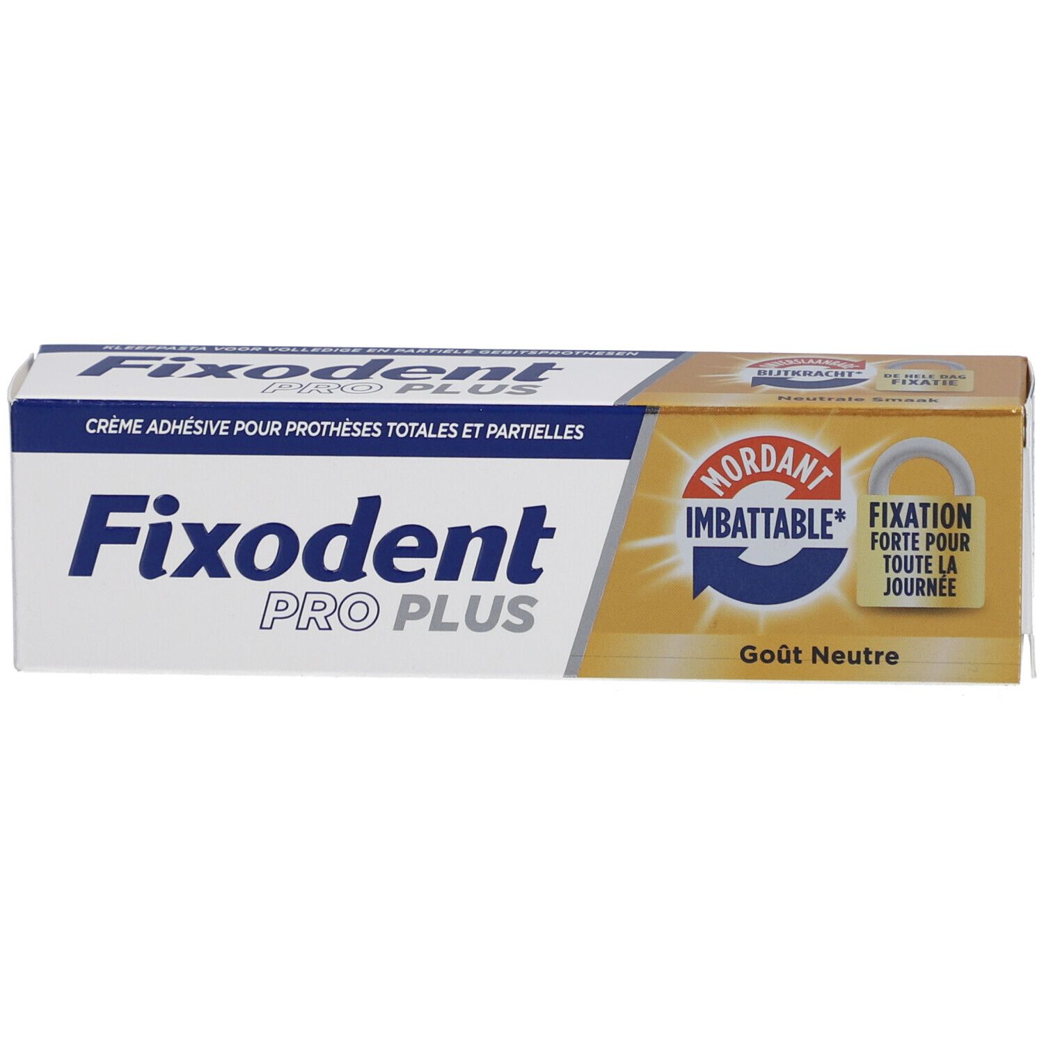 Boîte Fixodent Pro Plus. Inscription: Fixodent Pro Plus, crème adhésive pour prothèses, goût neutre.
