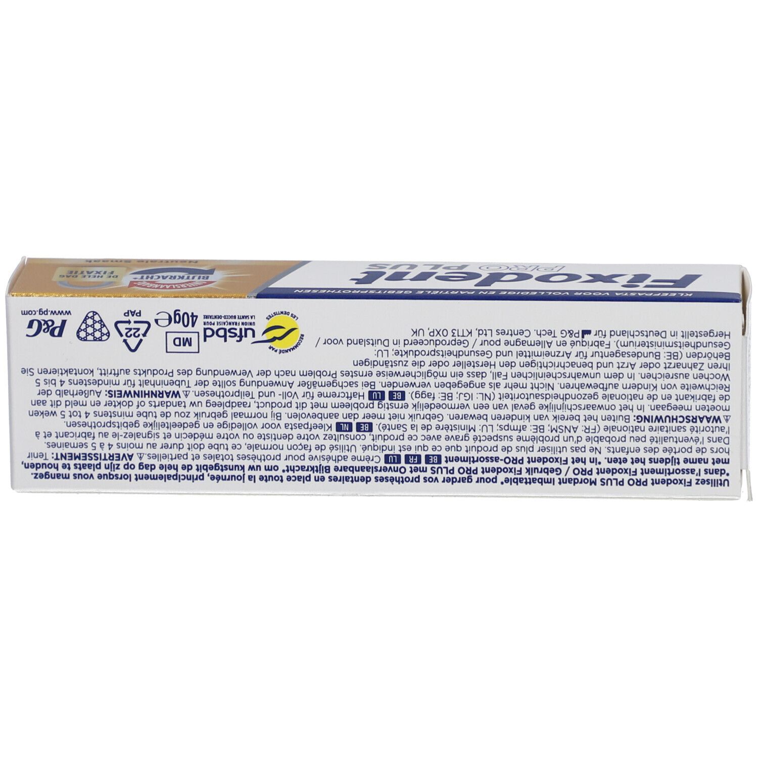 Boîte Fixodent Pro Plus, dessous. Contient texte, logos et poids de 40g.