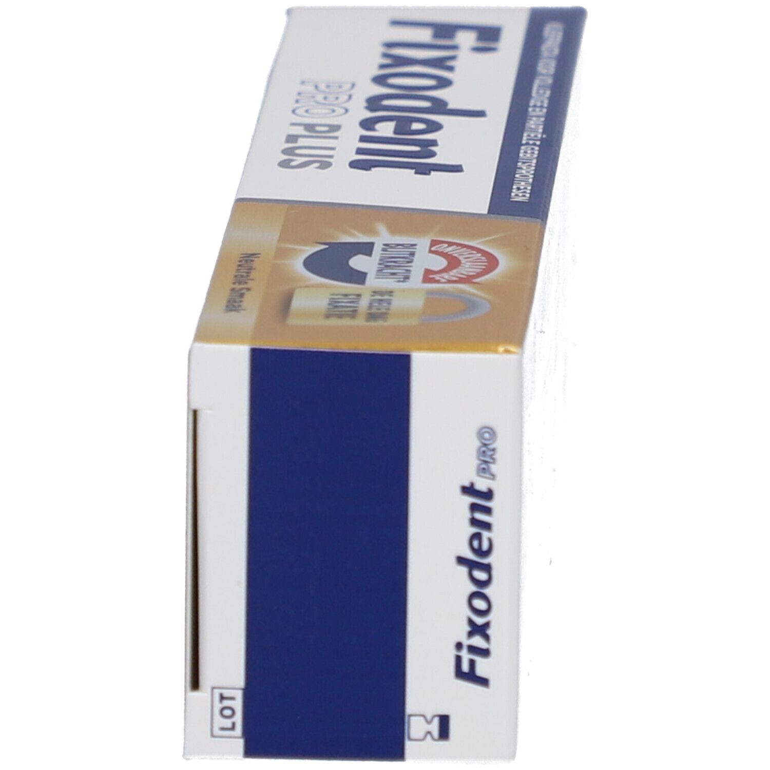 Boîte Fixodent Pro Plus, vue latérale. Inscription: Fixodent Pro Plus, texte.