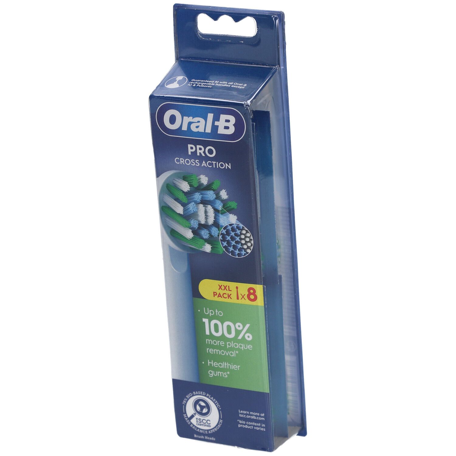 Oral-B Pro Cross Action navullingen, 8 stuks in verpakking. Blauwe verpakking met productafbeelding en logo's.