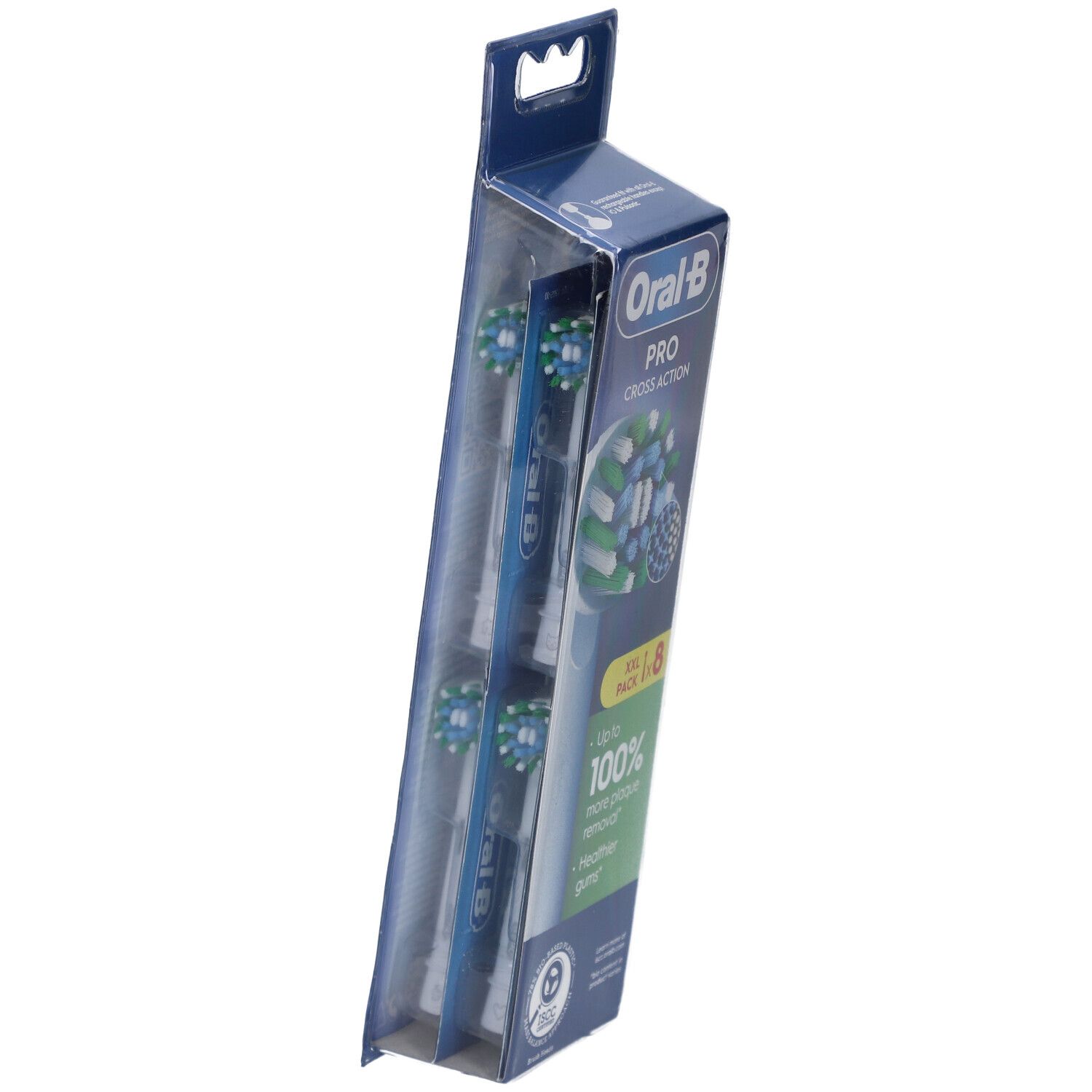 Oral-B Pro Cross Action navullingen, 4 zichtbaar in verpakking. Blauwe verpakking met productafbeelding.