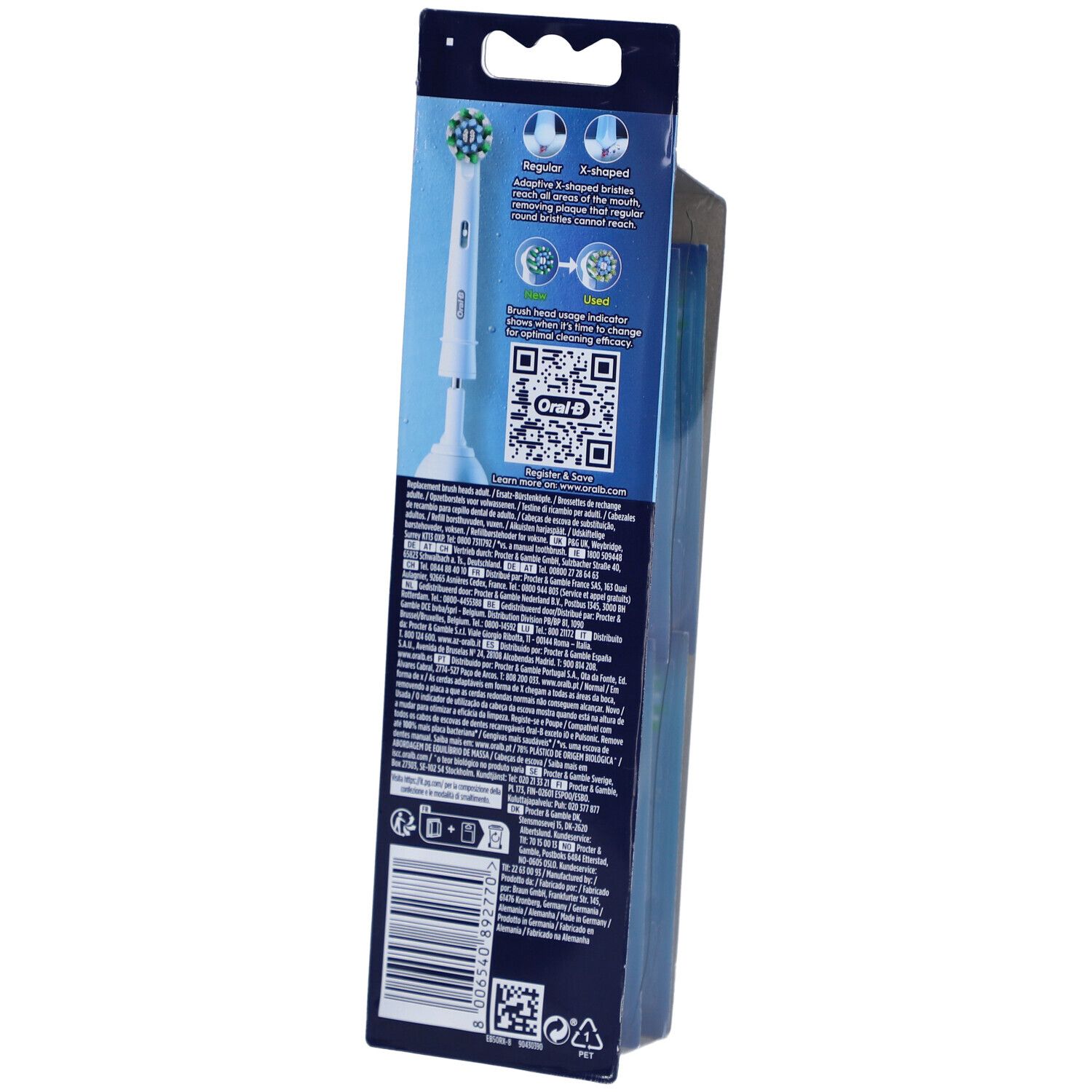 Achterkant van de Oral-B Pro Cross Action verpakking. Bevat productinformatie, QR-code en logo's.