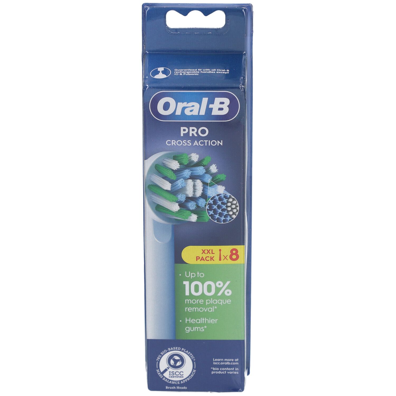 Oral-B Pro Cross Action navullingen, 8 stuks in verpakking. Blauwe verpakking met productafbeelding en logo's.