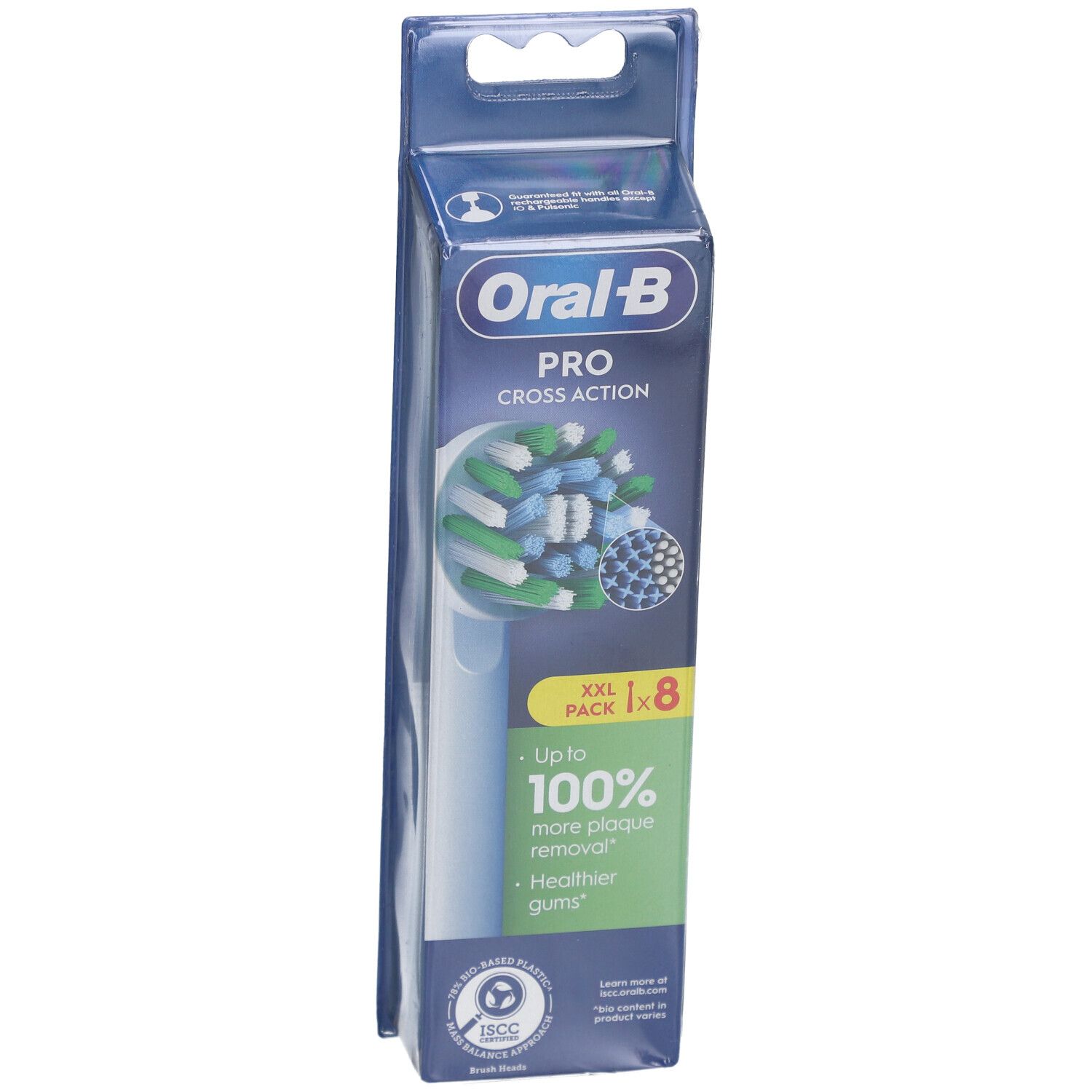 Oral-B Pro Cross Action navullingen, 8 stuks in verpakking. Blauwe verpakking met productafbeelding en logo's.