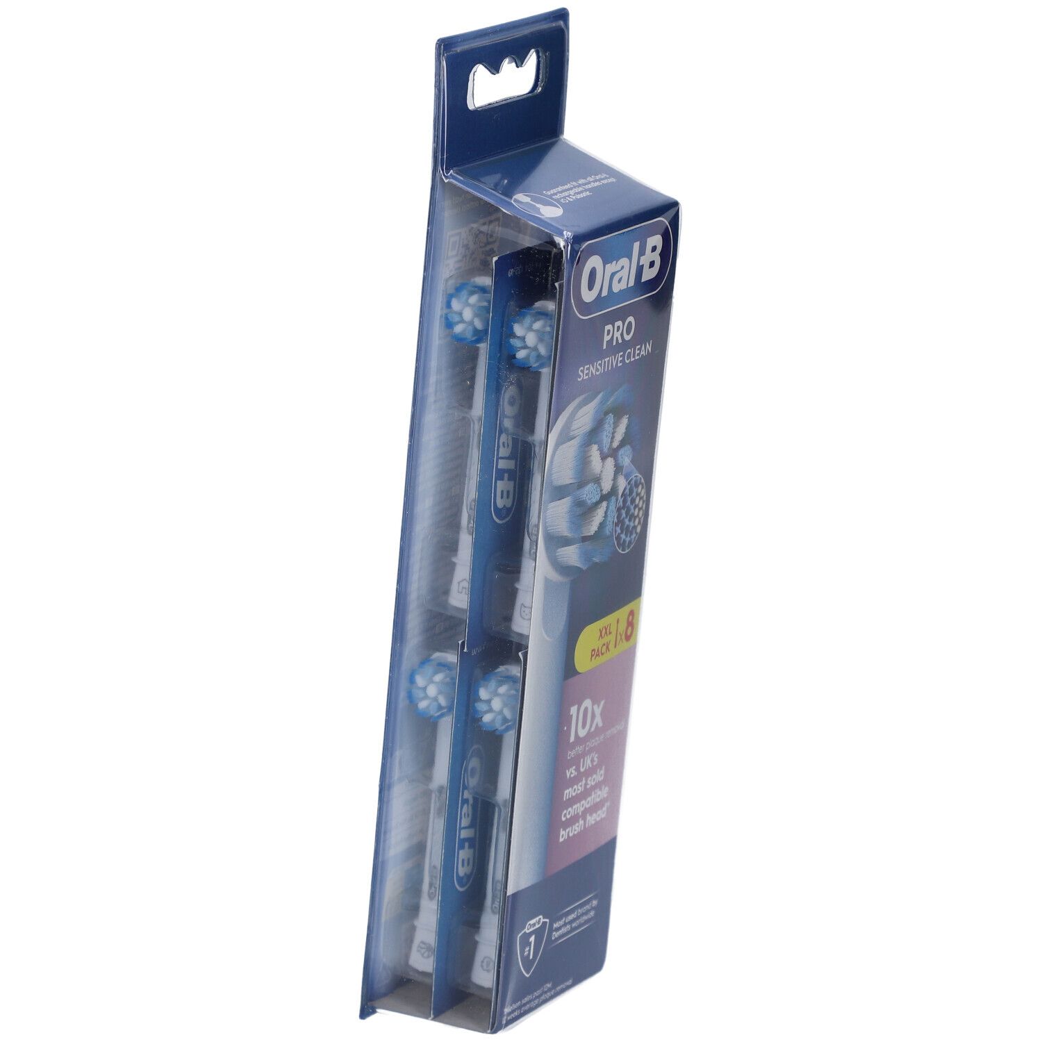 Oral-B Pro Sensitive Clean Ersatzbürsten, 8 Stück. Verpackung mit Produktabbildung und Markenlogo. Sichtbar: Bürstenköpfe in Verpackung.