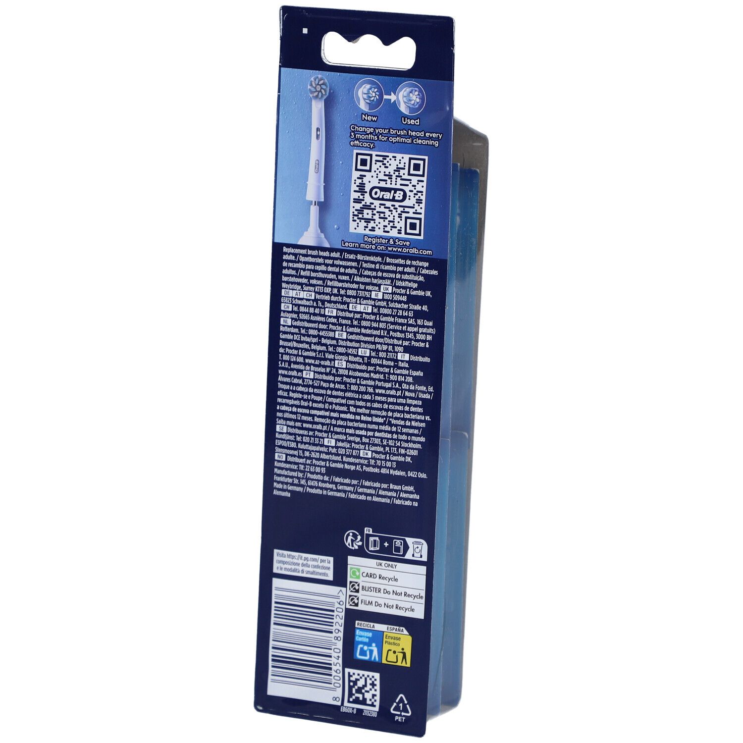 Rückseite der Oral-B Pro Sensitive Clean Verpackung. Informationen, QR-Code, Recycling-Hinweise und Barcode. Blau-weiße Farbgebung.