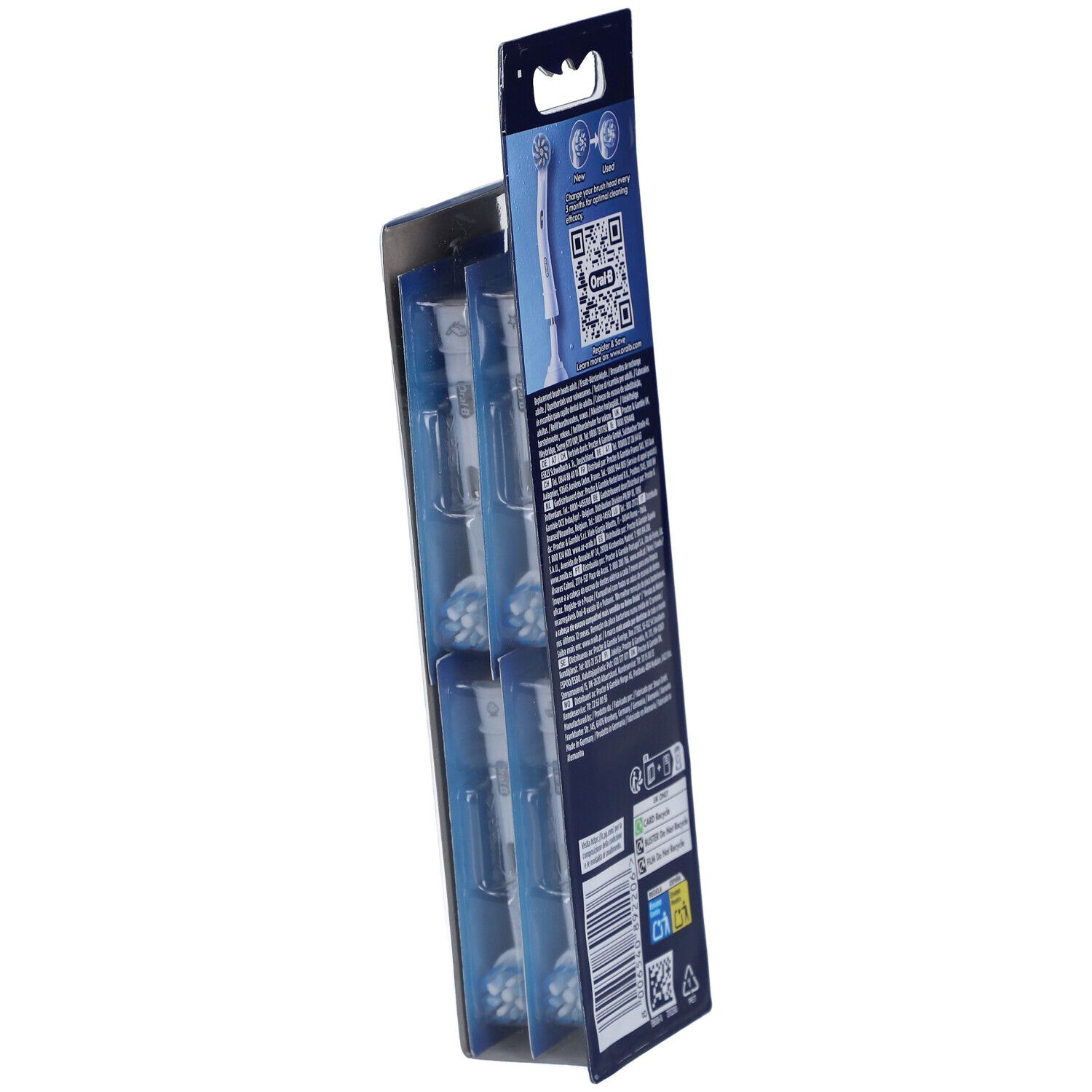 Oral-B Pro Sensitive Clean Ersatzbürsten, 8 Stück. Verpackung mit Produktabbildung und Markenlogo. Sichtbar: Bürstenköpfe in Verpackung.