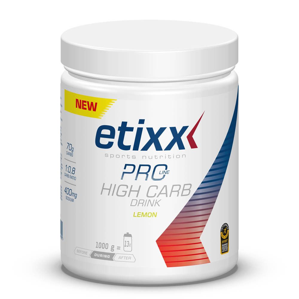 Witte pot Etixx Pro Line High Carb Drink. Opschrift: Citroen, 70g koolhydraten, verhouding 1:0,8, 400mg natrium.