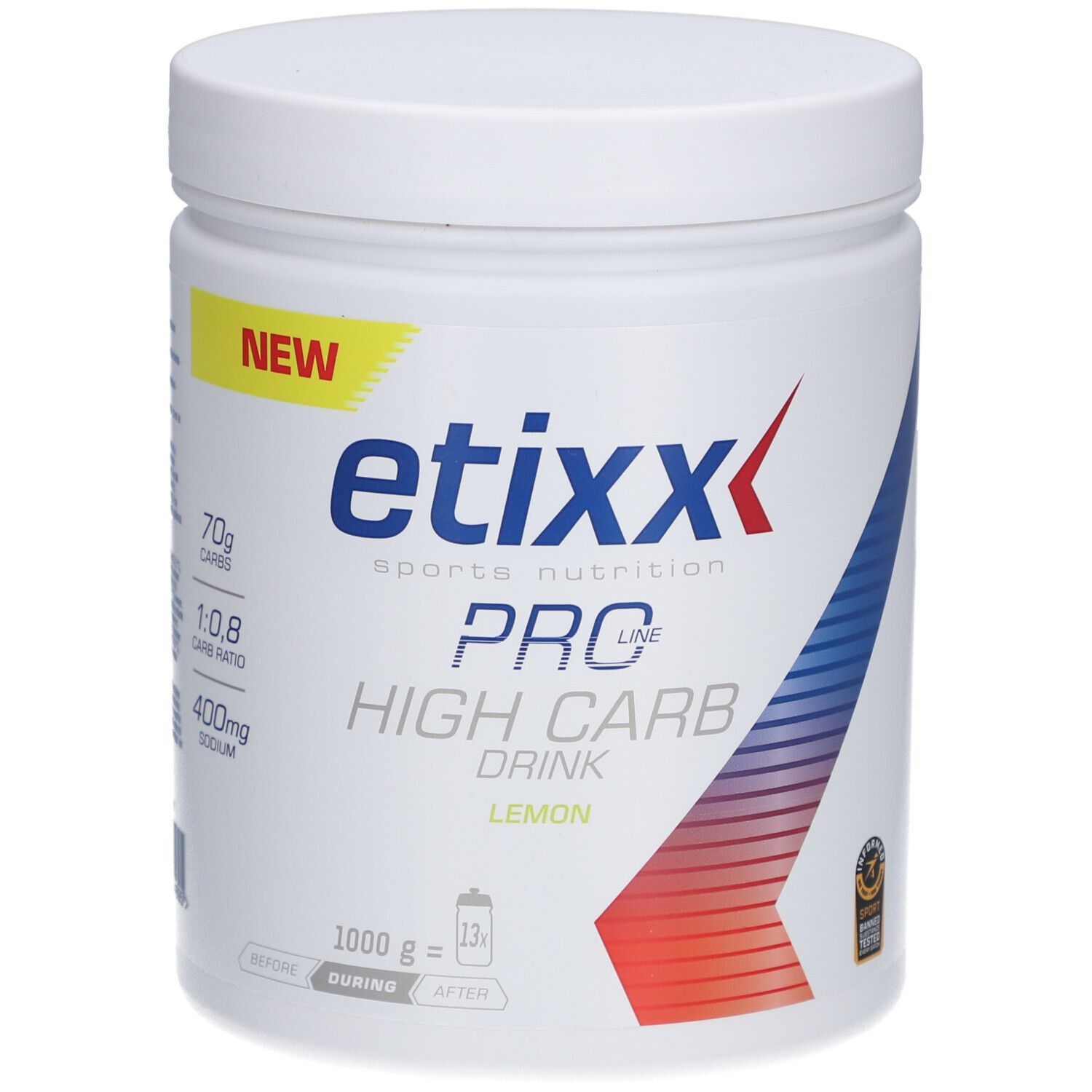 Witte pot Etixx Pro Line High Carb Drink. Opschrift: Citroen, 70g koolhydraten, verhouding 1:0,8, 400mg natrium.