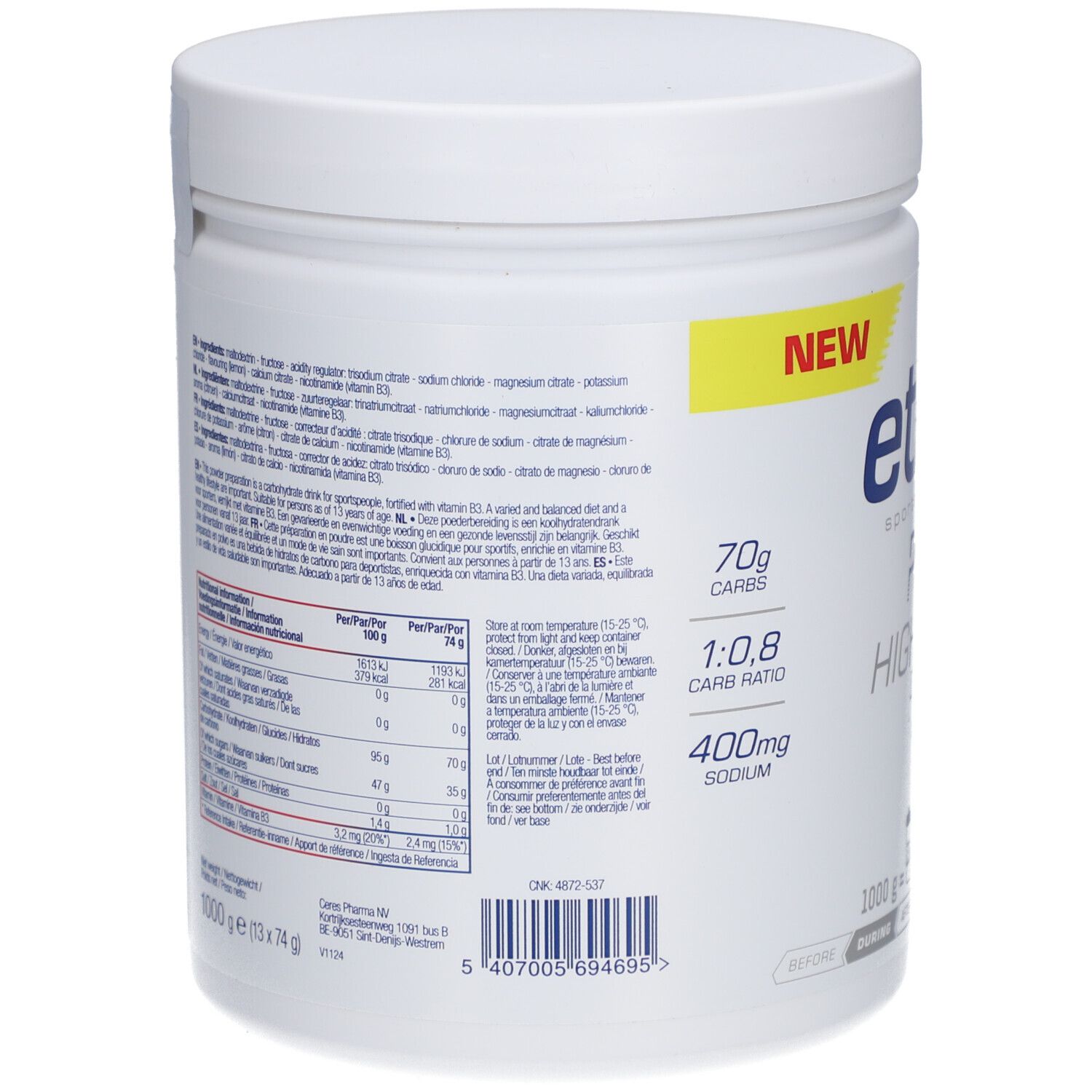Achterkant van de witte pot. Tekst: ingrediënten, voedingswaarde. Opschrift: Etixx Pro Line High Carb Drink.