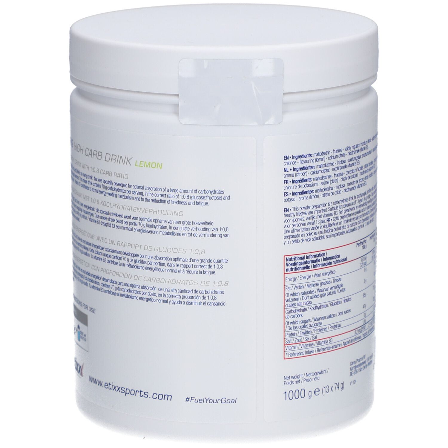 Achterkant van de witte pot. Tekst: ingrediënten, voedingswaarde. Opschrift: Etixx Pro Line High Carb Drink.