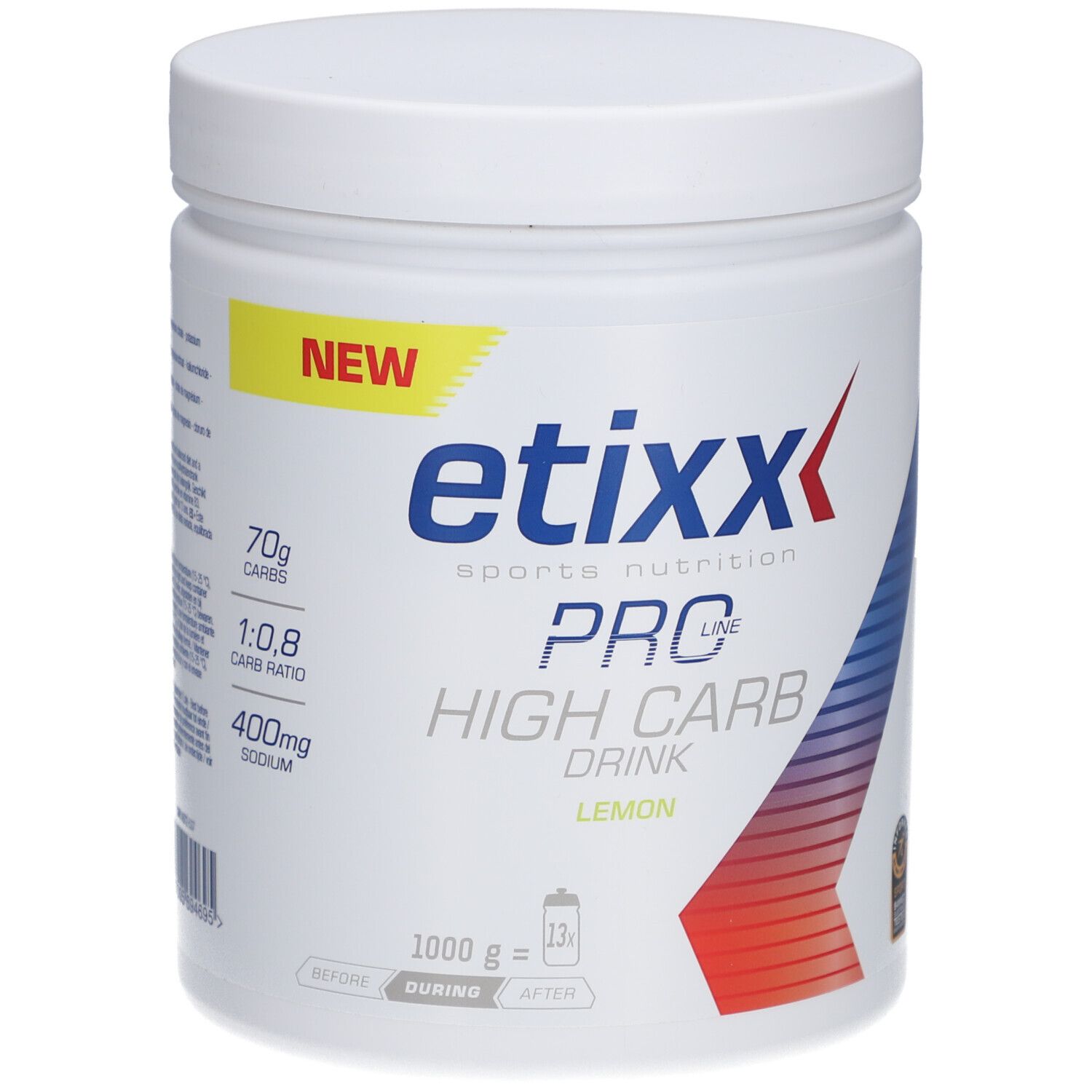 Witte pot Etixx Pro Line High Carb Drink. Opschrift: Citroen, 70g koolhydraten, verhouding 1:0,8, 400mg natrium.
