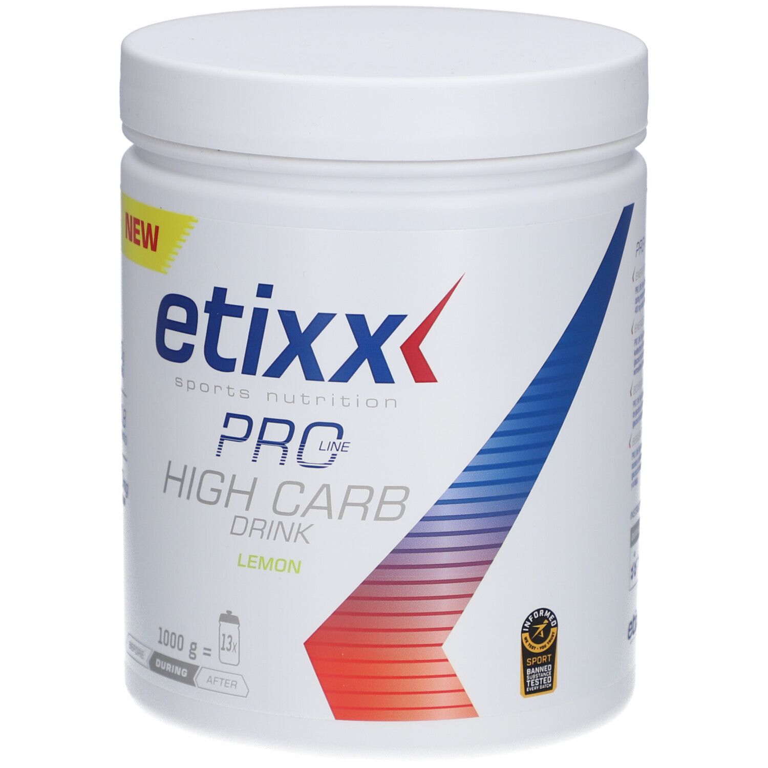 Witte pot Etixx Pro Line High Carb Drink. Opschrift: Citroen, 70g koolhydraten, verhouding 1:0,8, 400mg natrium.