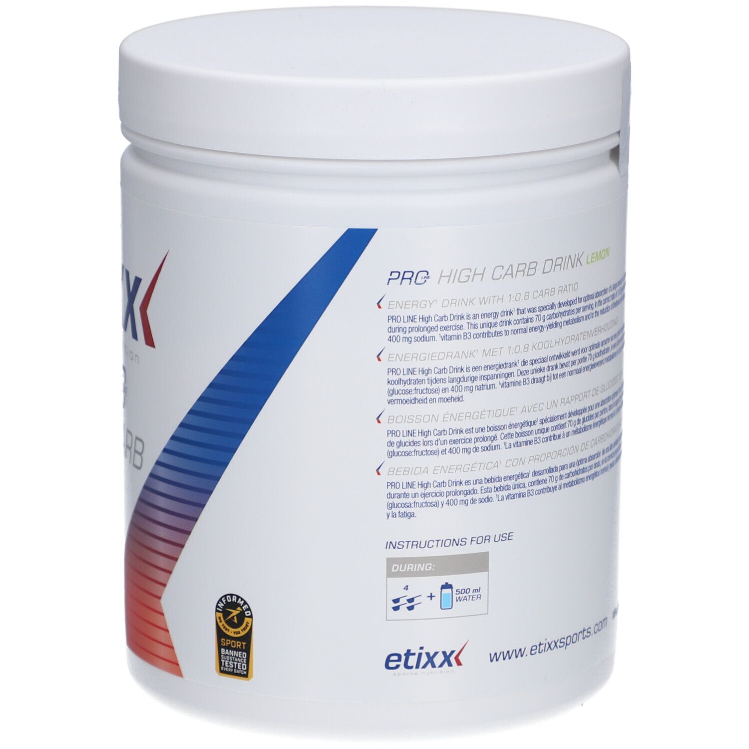 Achterkant van de witte pot. Tekst: gebruiksaanwijzing. Opschrift: Etixx Pro Line High Carb Drink.