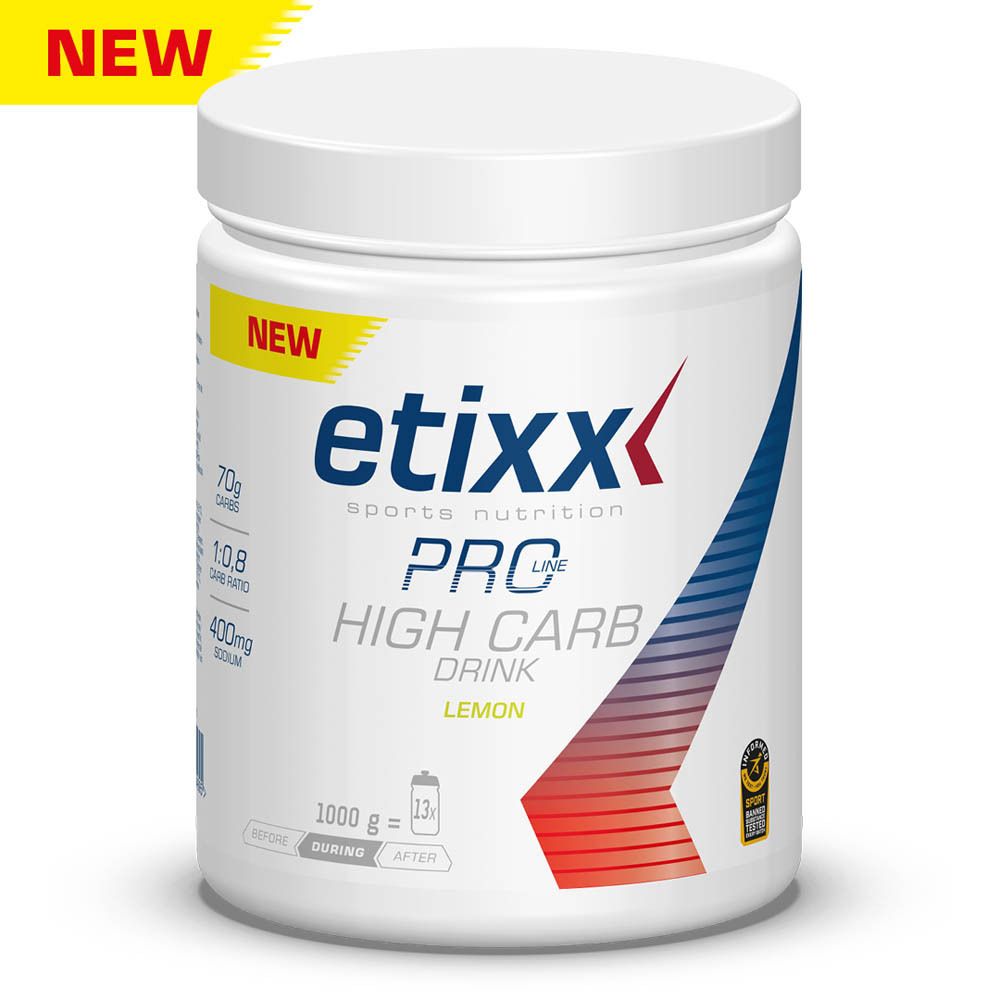 Witte pot Etixx Pro Line High Carb Drink. Opschrift: Citroen, 70g koolhydraten, verhouding 1:0,8, 400mg natrium.