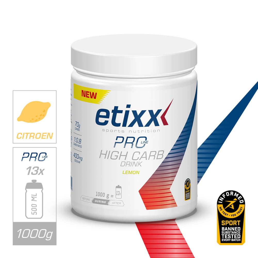 Witte pot Etixx Pro Line High Carb Drink. Opschrift: Citroen, 70g koolhydraten, verhouding 1:0,8, 400mg natrium.