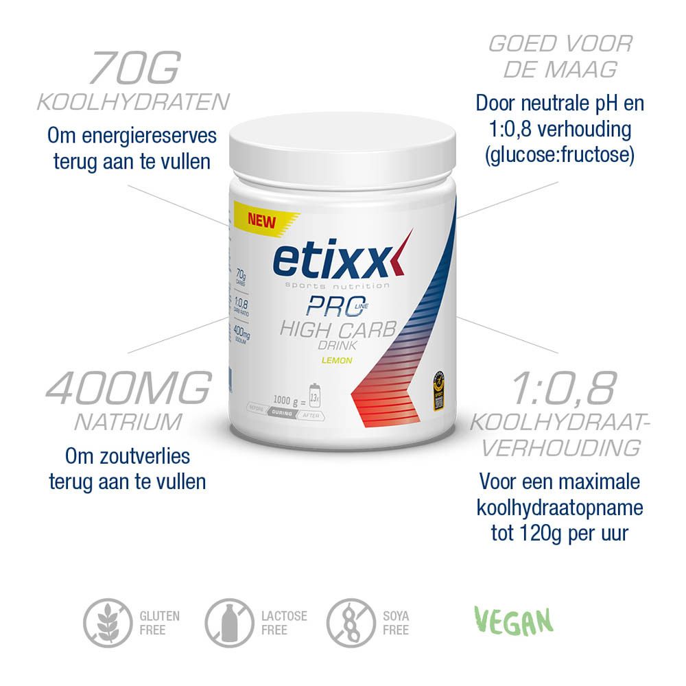 Witte pot Etixx Pro Line High Carb Drink. Opschrift: Citroen, 70g koolhydraten, verhouding 1:0,8, 400mg natrium.