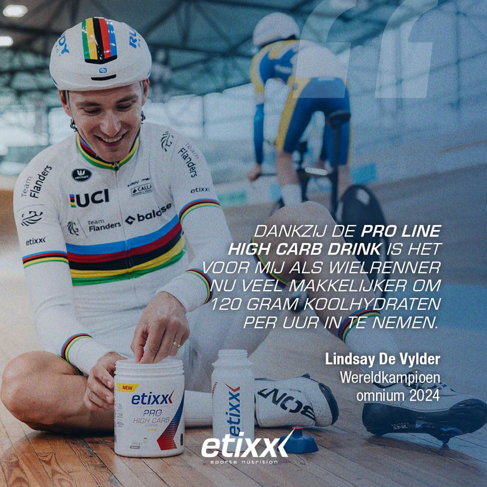 Witte pot Etixx Pro Line High Carb Drink. Opschrift: Citroen, 70g koolhydraten, verhouding 1:0,8, 400mg natrium.
