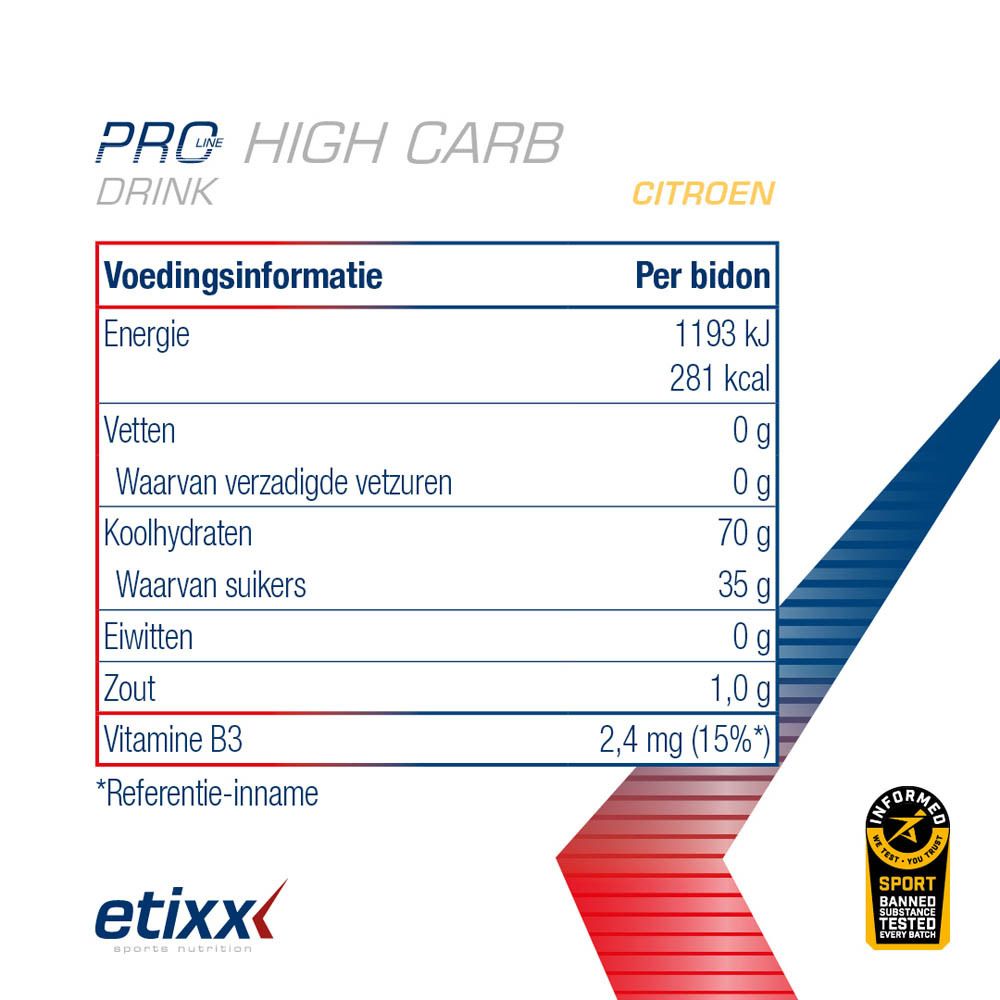 Witte pot Etixx Pro Line High Carb Drink. Opschrift: Citroen, 70g koolhydraten, verhouding 1:0,8, 400mg natrium.