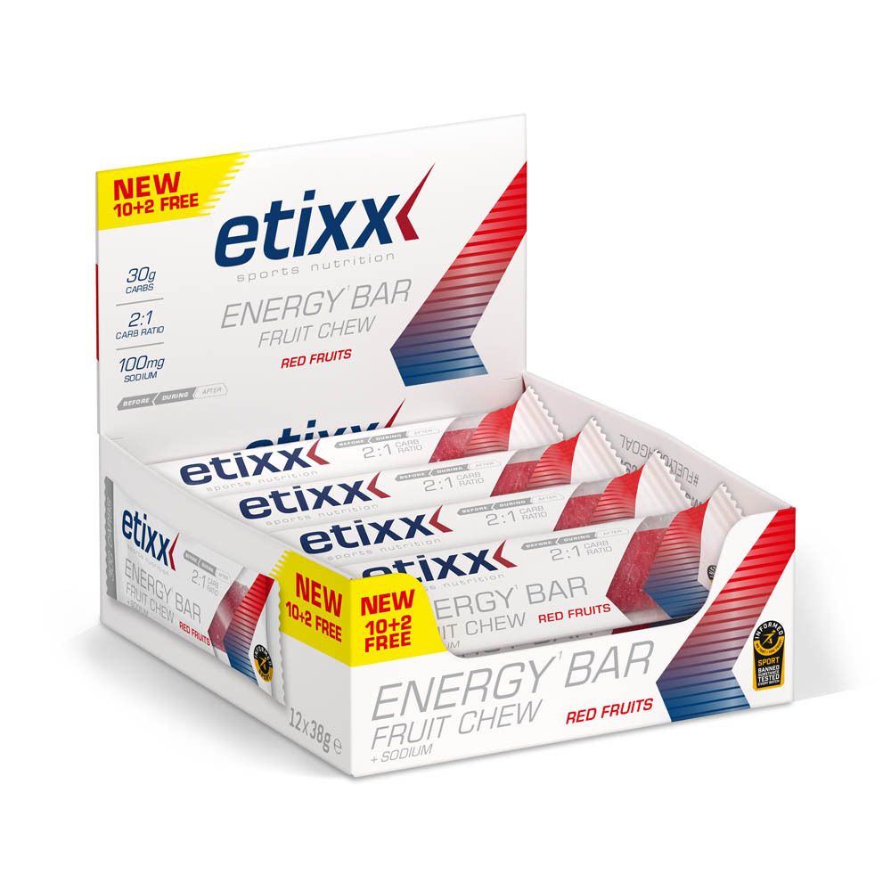 Etixx Energy Bar, enkele reep. Opschrift: Energy Bar, Red Fruits, + Sodium. Met 'New 10+2 Free' sticker.