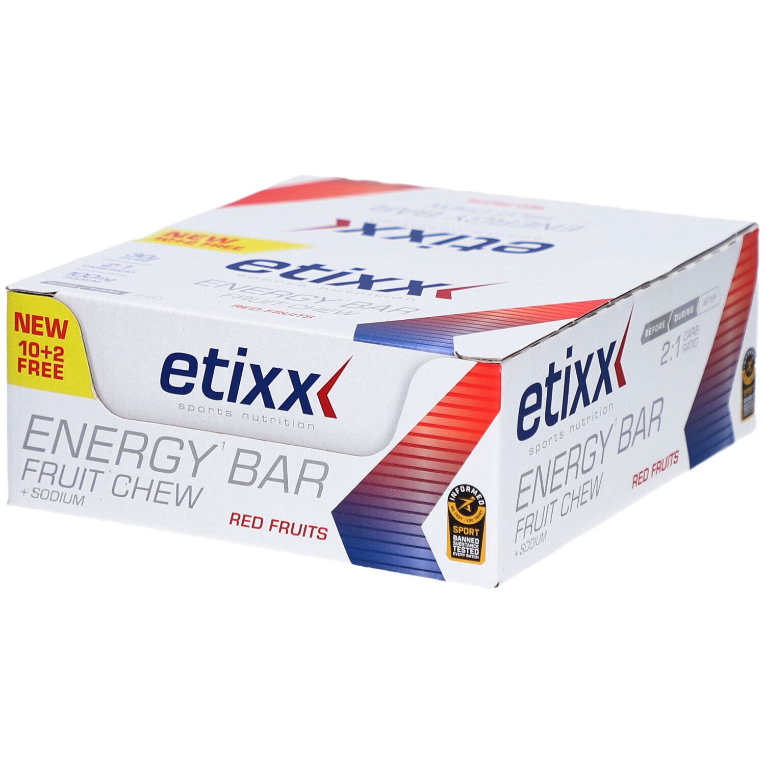 Etixx Energy Bar, doos met 12 repen. Opschrift: Energy Bar, Red Fruits, + Sodium. Met 'New 10+2 Free' sticker.