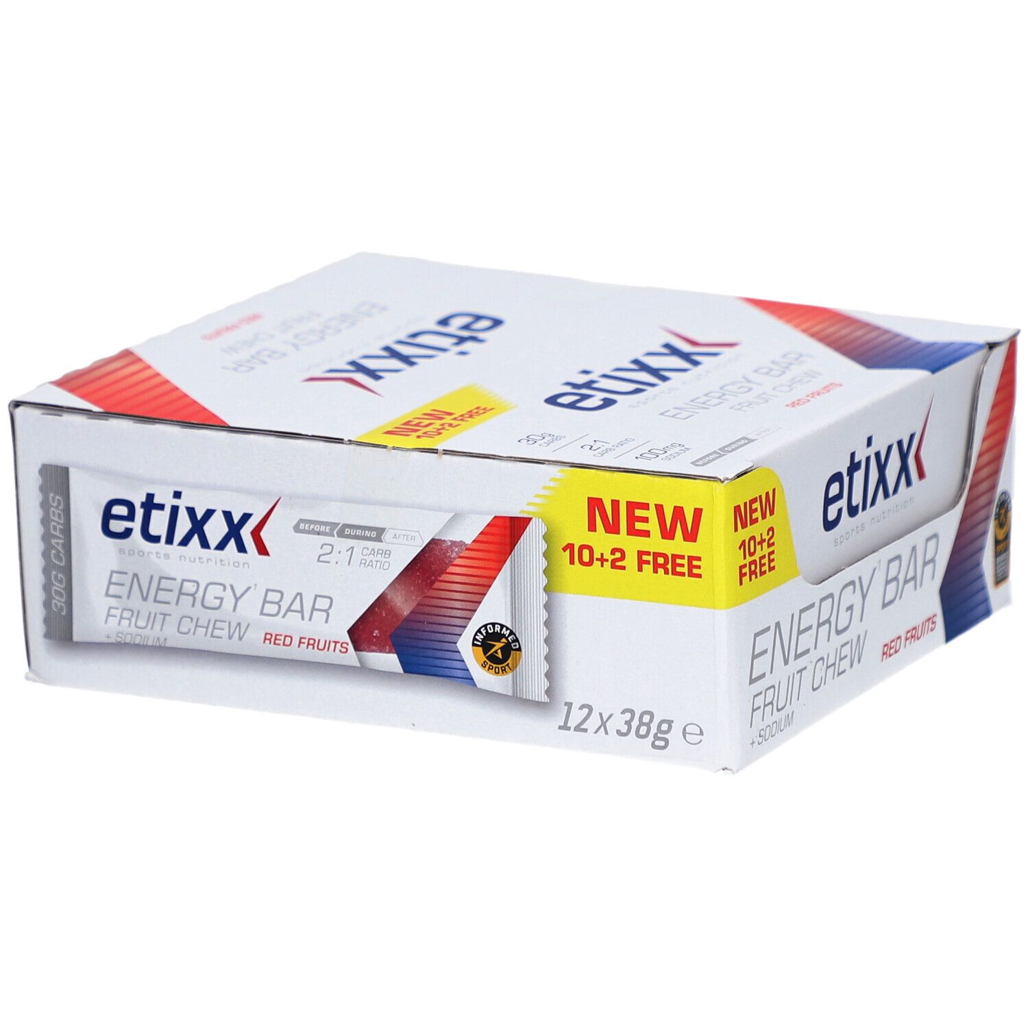 Etixx Energy Bar, doos met 12 repen. Opschrift: Energy Bar, Red Fruits, + Sodium. Met 'New 10+2 Free' sticker.