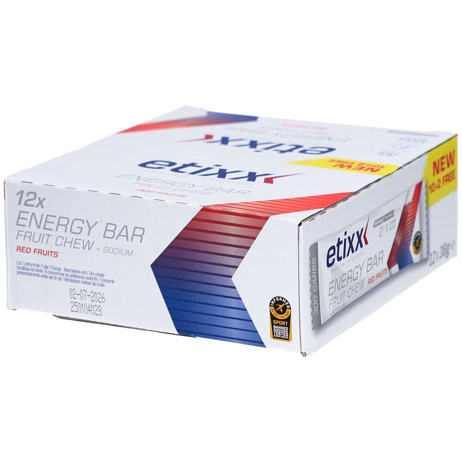 Etixx Energy Bar, doos met 12 repen. Opschrift: Energy Bar, Red Fruits, + Sodium. Met 'New 10+2 Free' sticker.