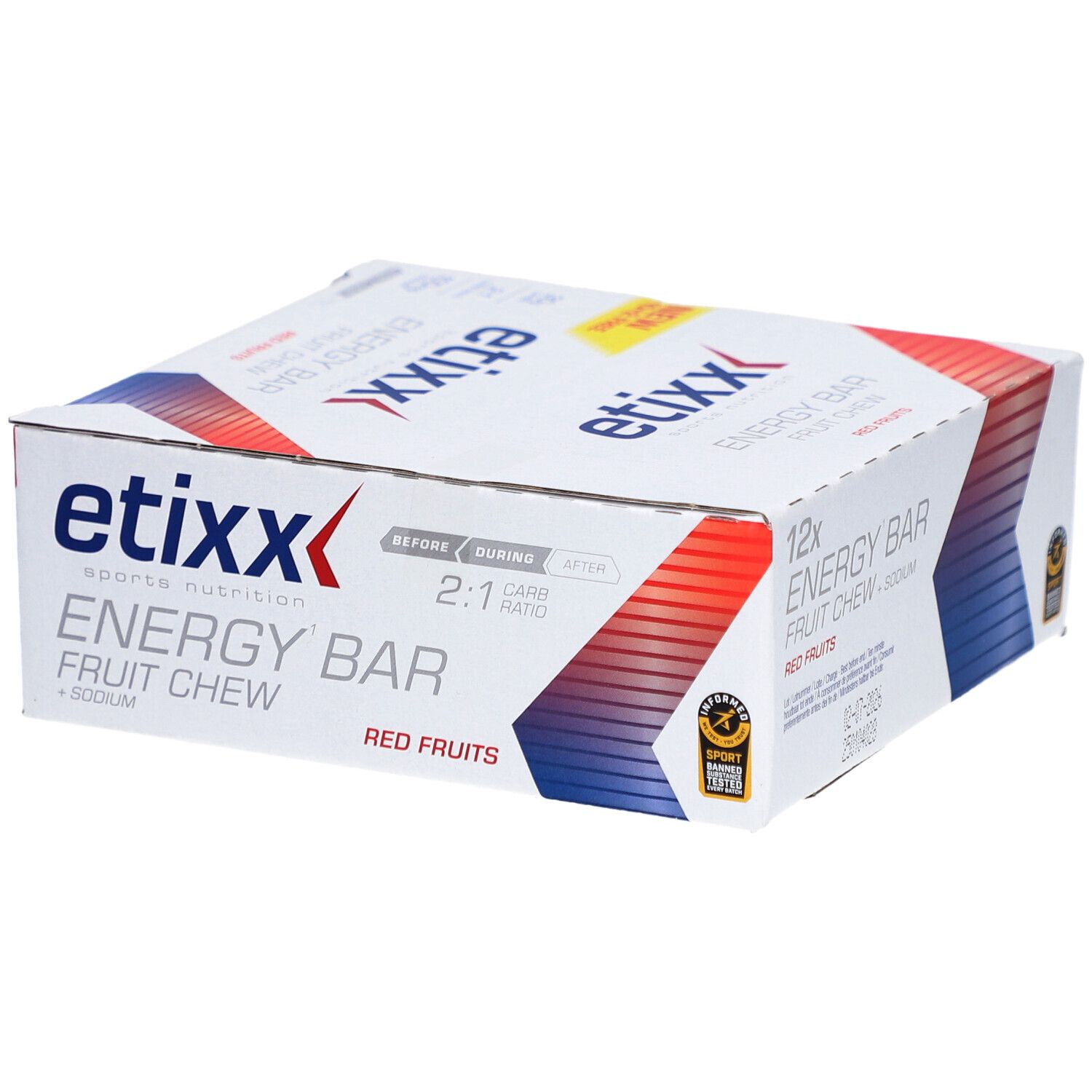 Etixx Energy Bar, doos met 12 repen. Opschrift: Energy Bar, Red Fruits, + Sodium. Met 'New 10+2 Free' sticker.