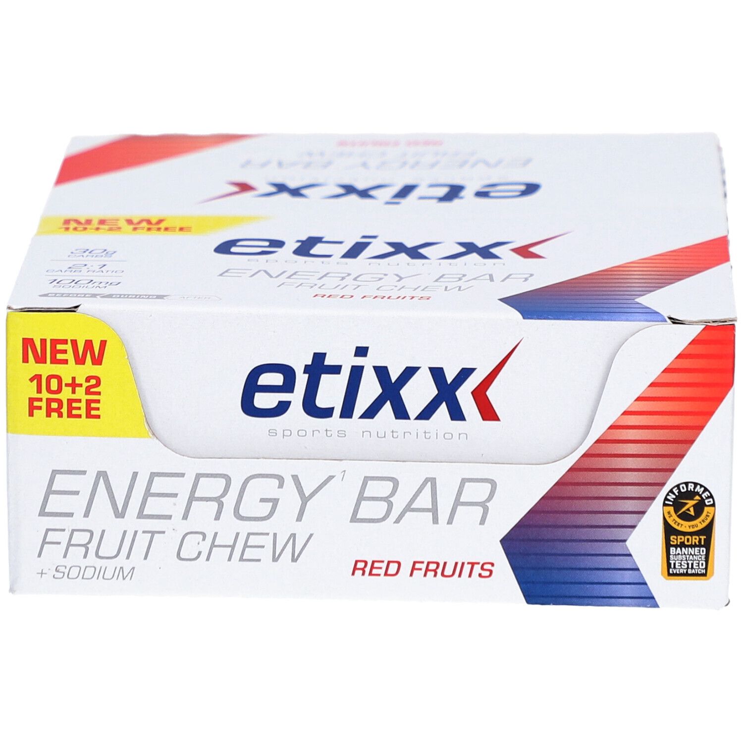 Etixx Energy Bar, doos met 12 repen. Opschrift: Energy Bar, Red Fruits, + Sodium. Met 'New 10+2 Free' sticker.