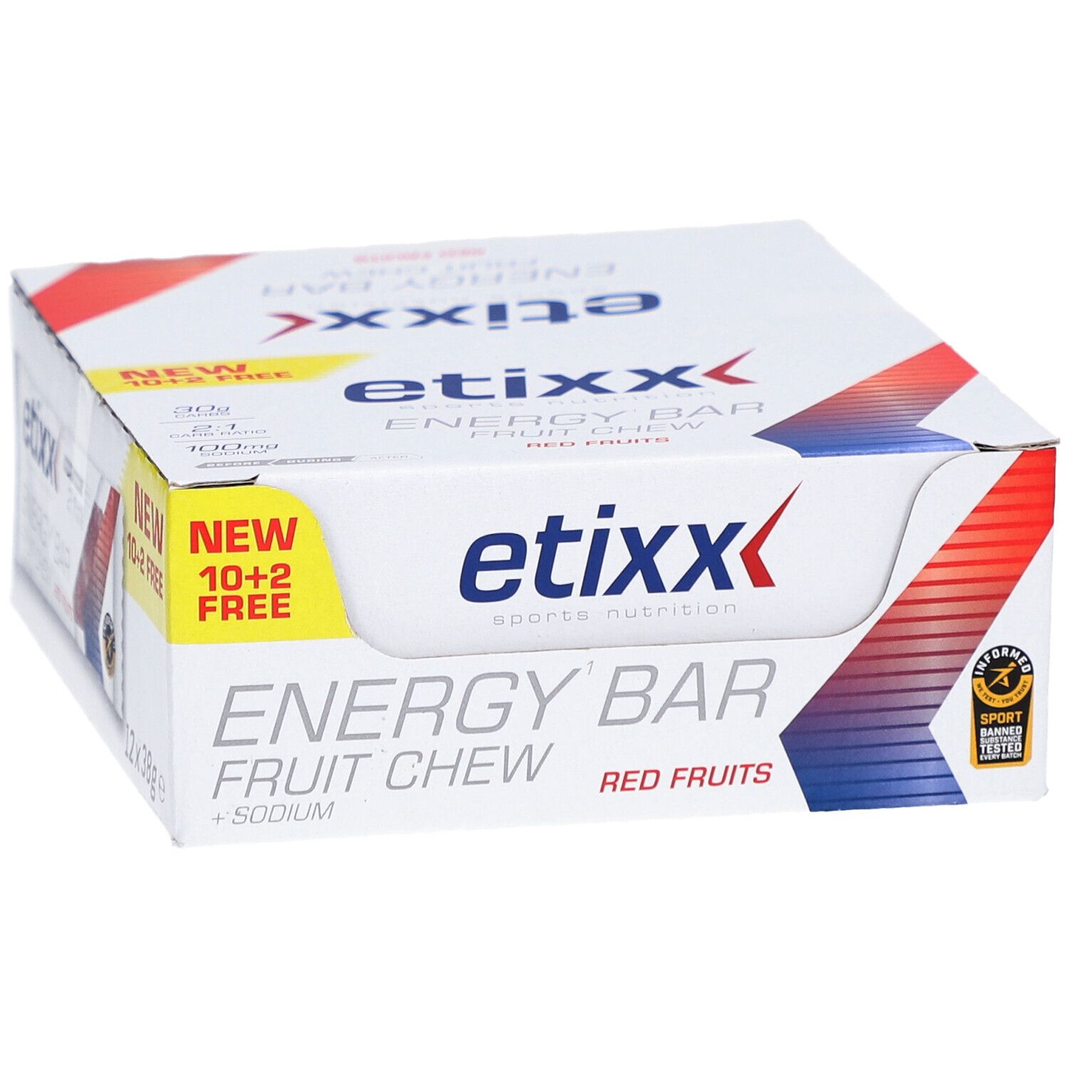Etixx Energy Bar, doos met 12 repen. Opschrift: Energy Bar, Red Fruits, + Sodium. Met 'New 10+2 Free' sticker.