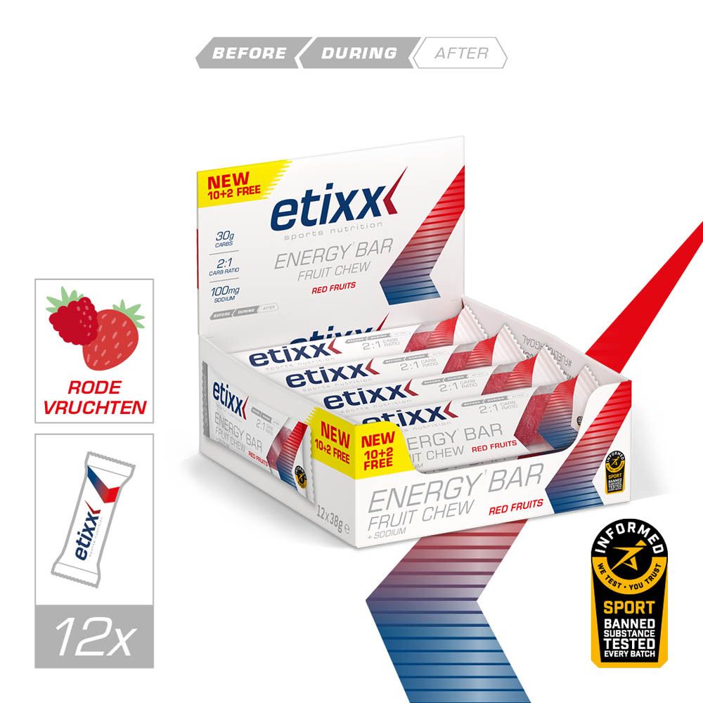 Etixx Energy Bar, enkele reep. Opschrift: Energy Bar, Red Fruits, + Sodium. Met 'New 10+2 Free' sticker.