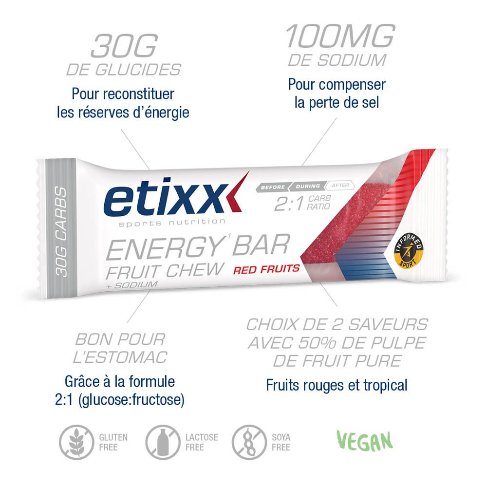 Barre énergétique Etixx individuelle. Inscription: Energy Bar, Red Fruits, + Sodium. Avec autocollant 'New 10+2 Free'.