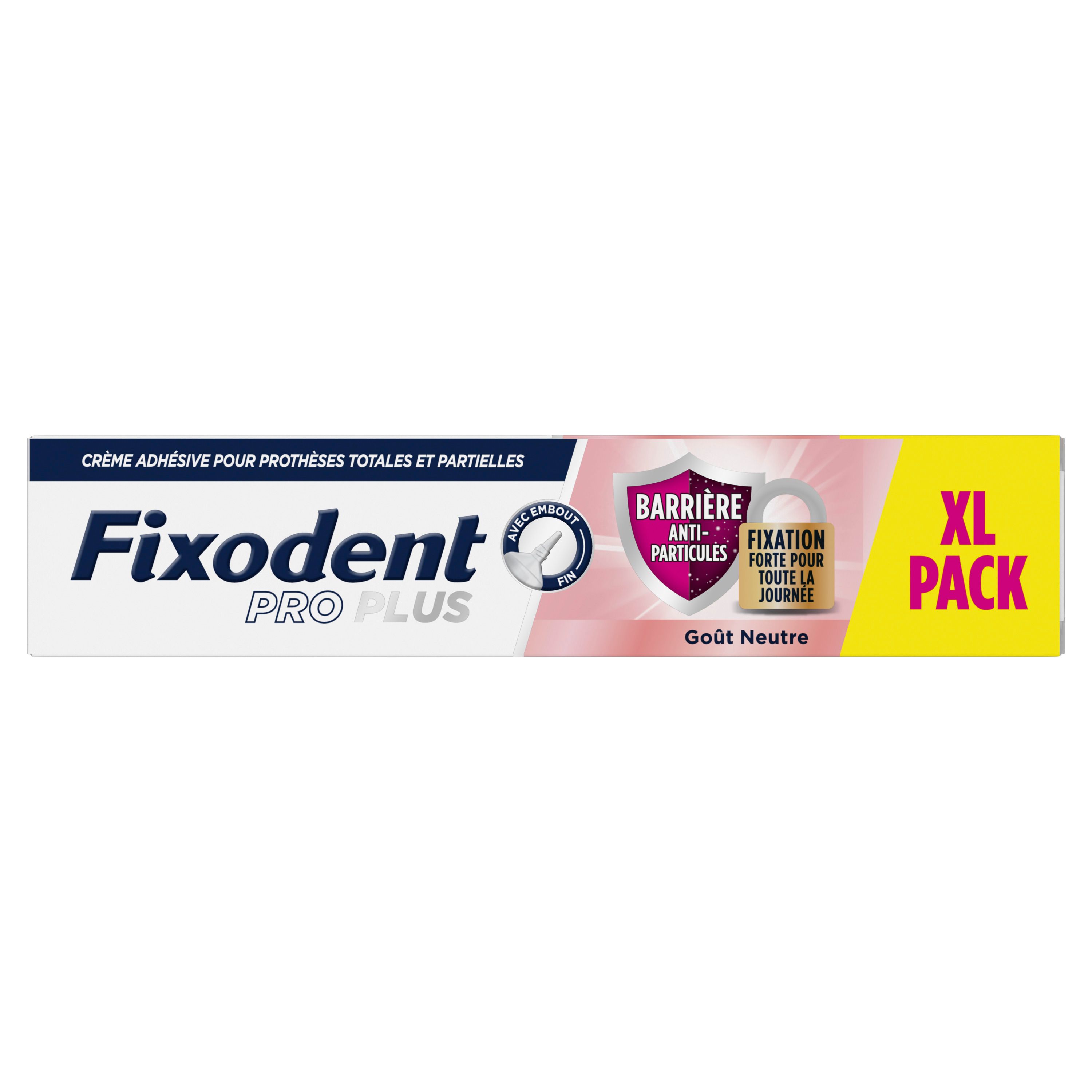 Fixodent Pro Plus, crème adhésive pour prothèses. Goût neutre. Emballage avec informations produit.