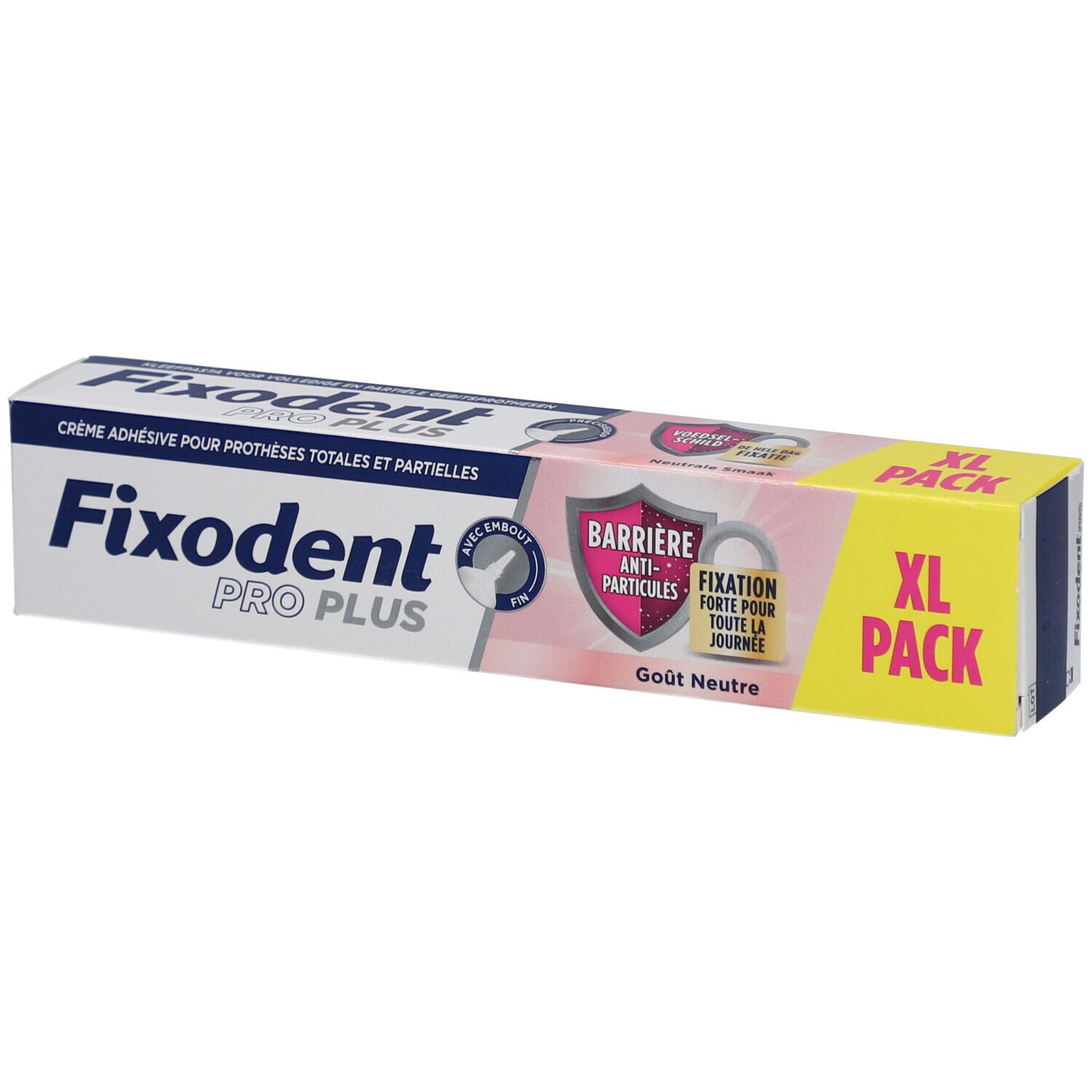 Fixodent Pro Plus, XL-verpakking. Kleefpasta voor prothesen. Neutrale smaak. Verpakking met productinfo.
