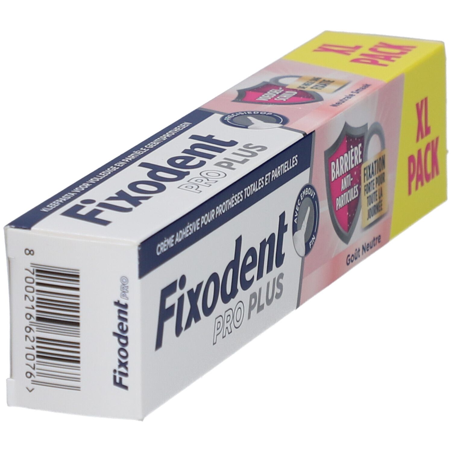 Fixodent Pro Plus, XL-verpakking. Verpakking met productinfo. Kleefpasta voor prothesen. Neutrale smaak.