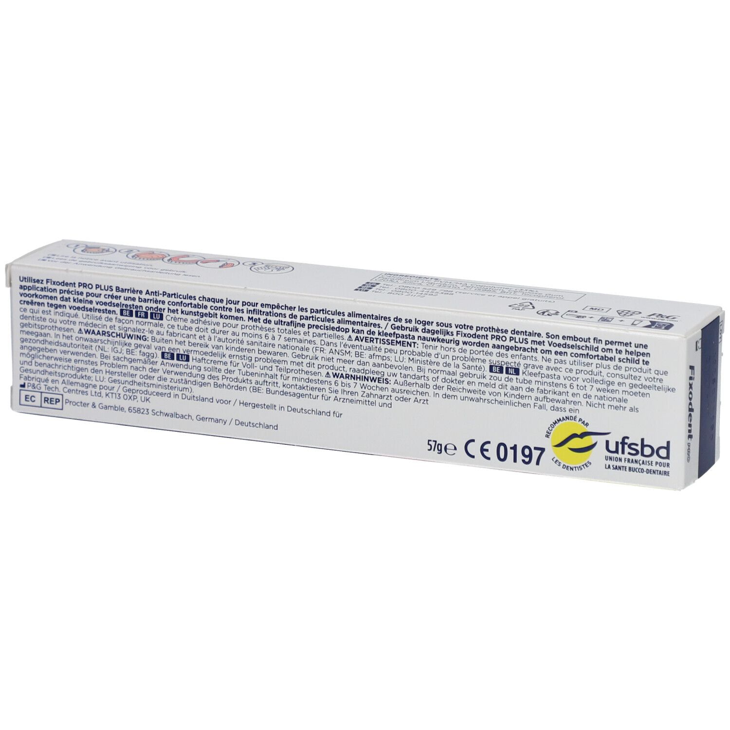 Fixodent Pro Plus verpakking. Productinfo en CE-markering. Kleefpasta voor prothesen. Neutrale smaak.